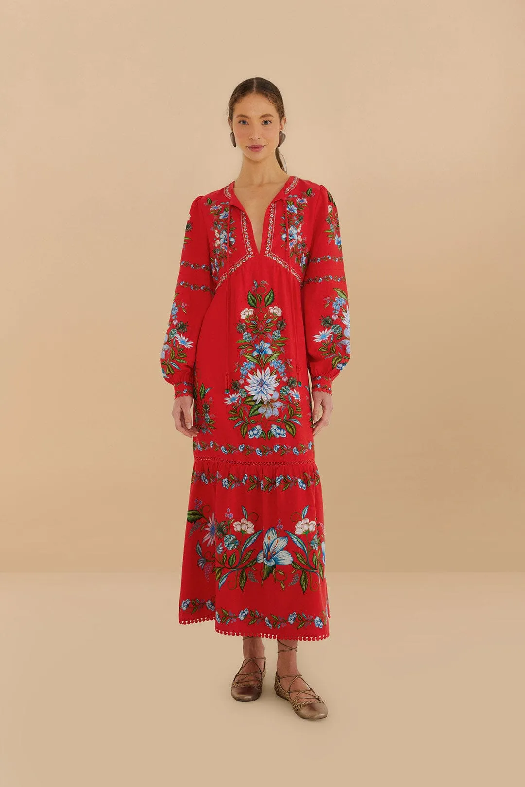 Red Sweet Bloom Bouquet LENZING? ECOVERO? Euroflax? Midi Dress Stylish Silhouettes