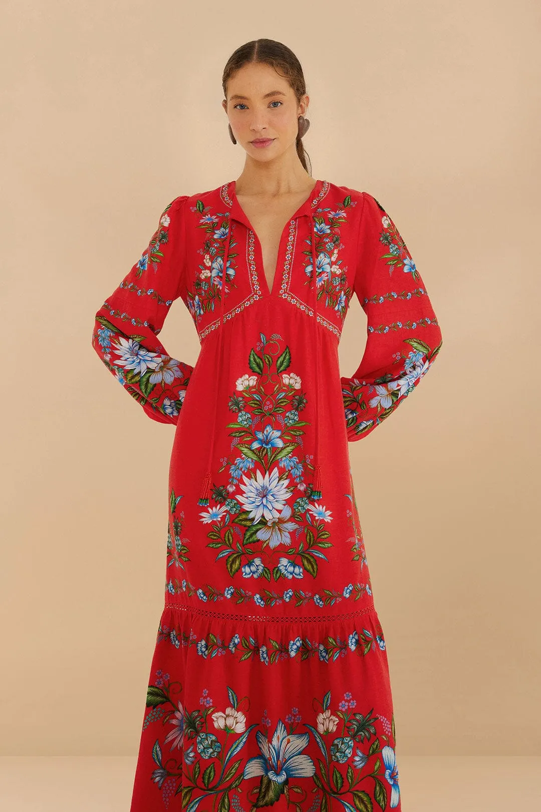 Red Sweet Bloom Bouquet LENZING? ECOVERO? Euroflax? Midi Dress Spring Festival
