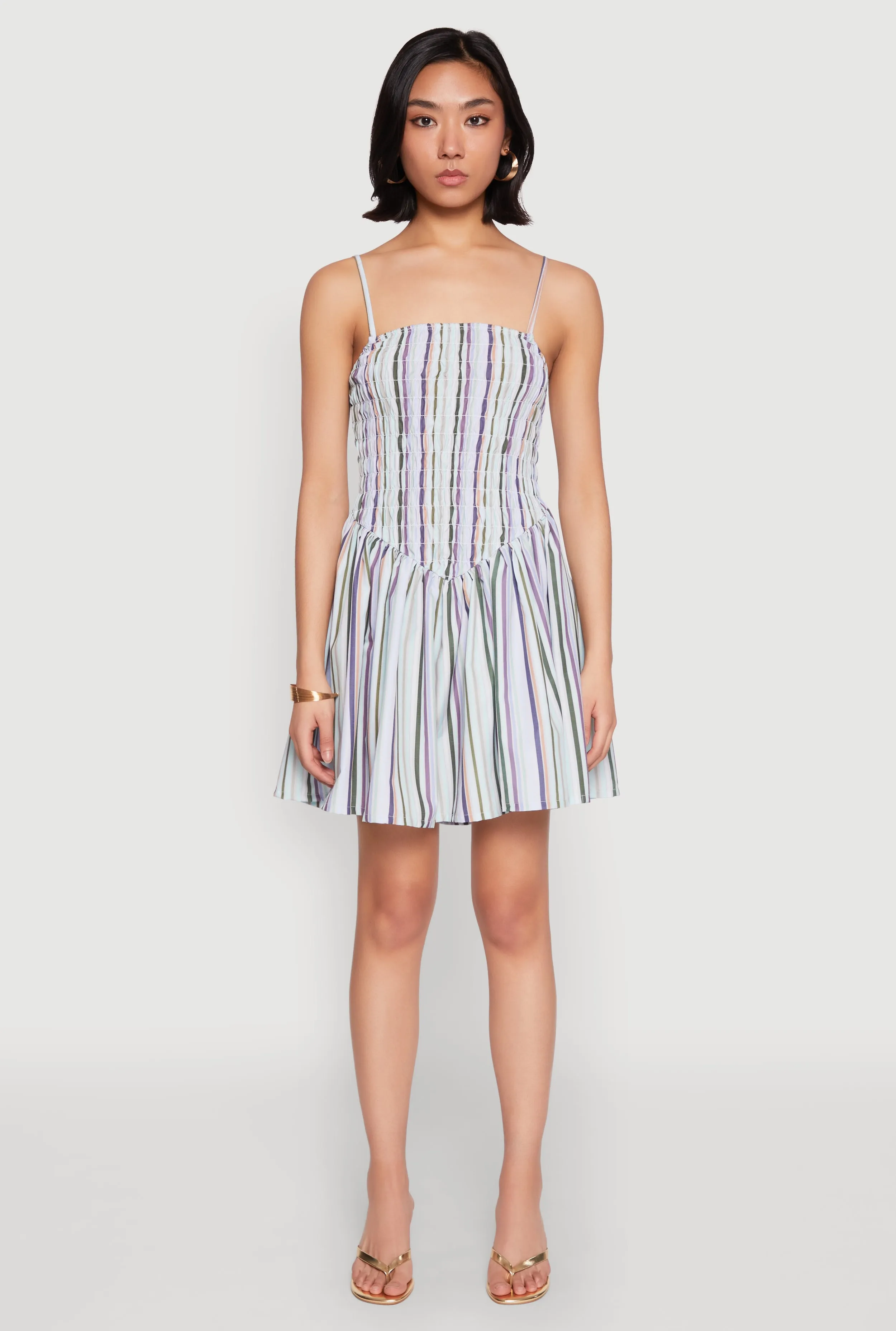 Fashionable Wear Spoon Jeans Smocked Stripe Mini Dress