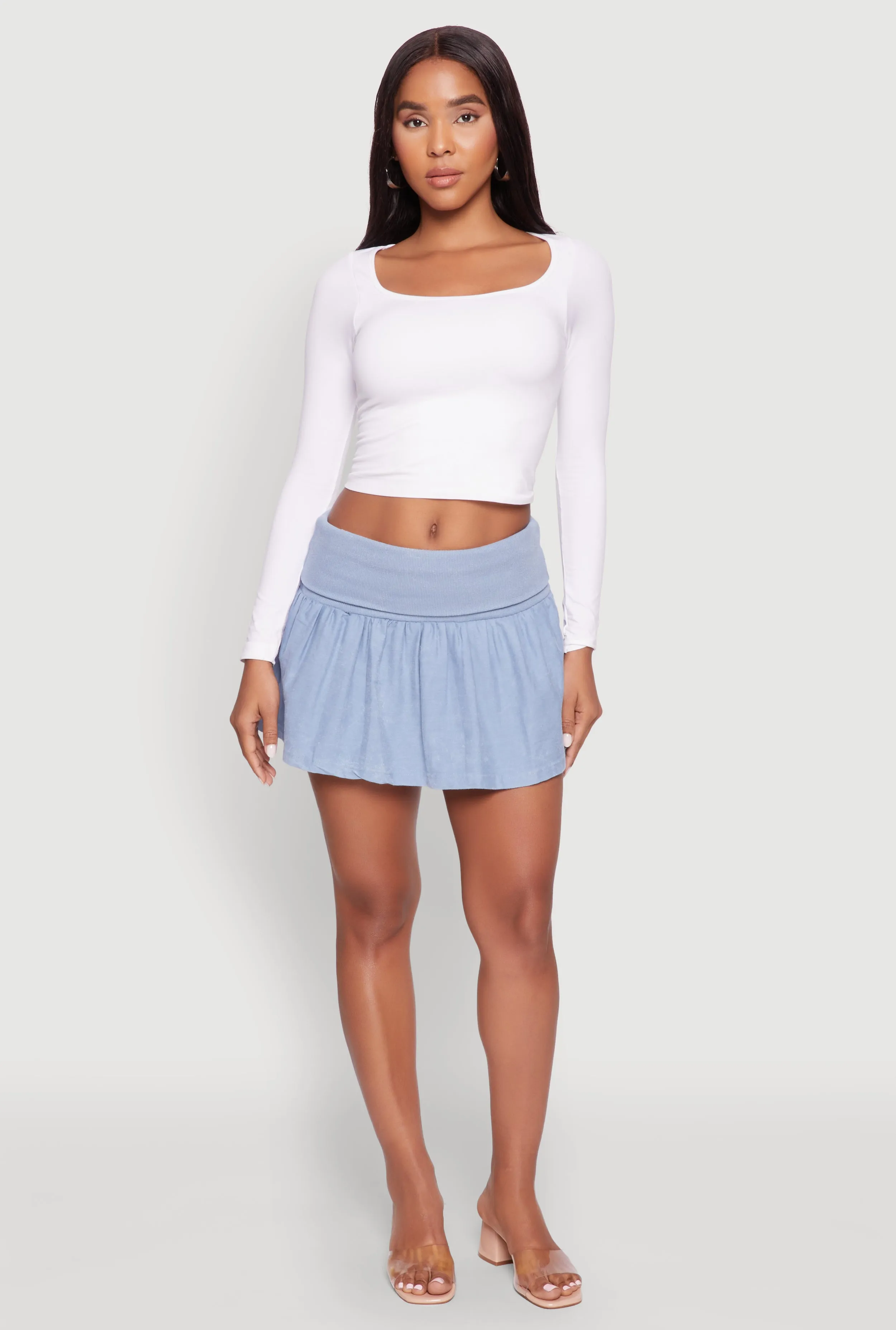 Mineral Wash Fold Over Waist Denim Skirt Detachable Detail Weekend Outfit