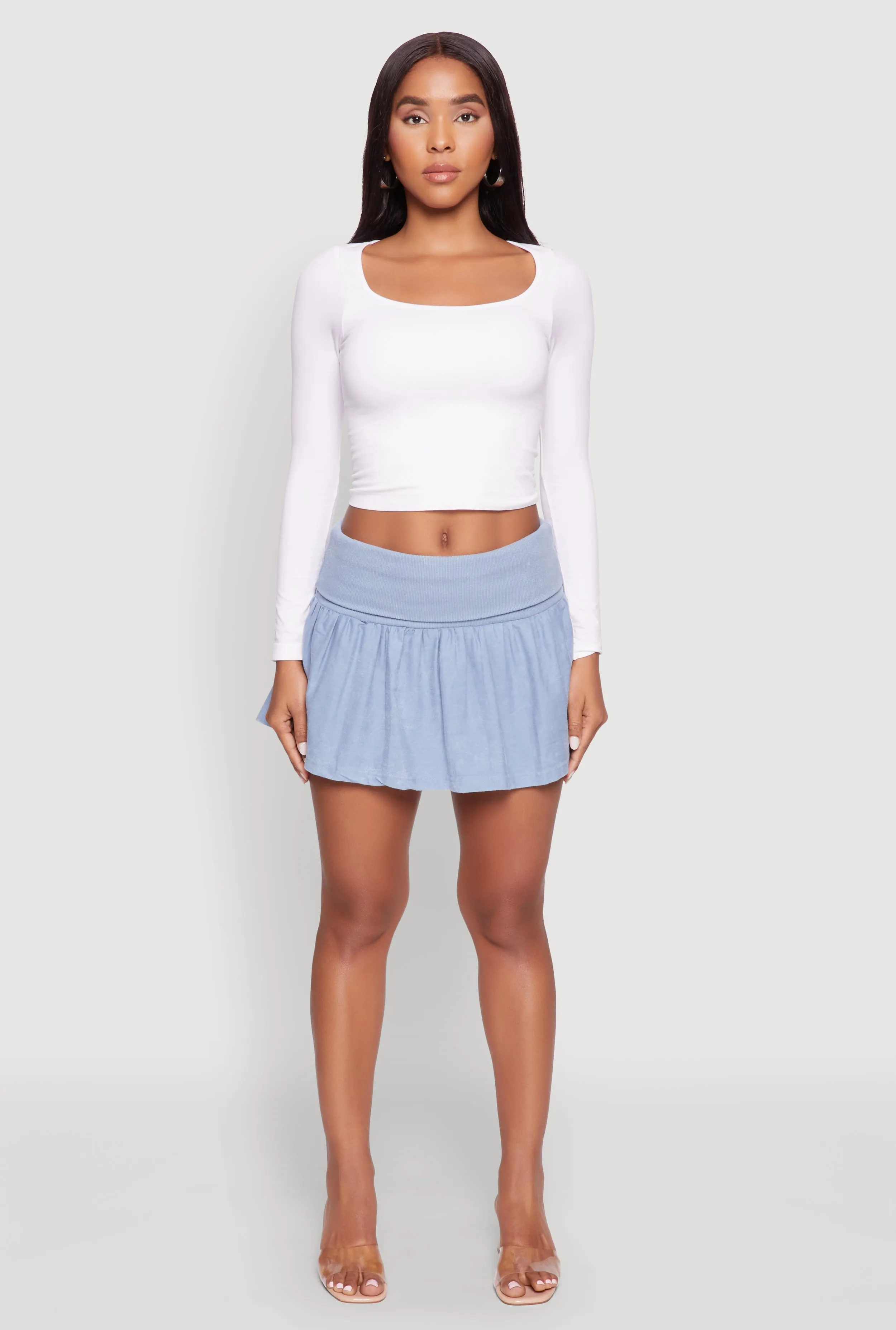 Mineral Wash Fold Over Waist Denim Skirt Modern Outfit Light Edge