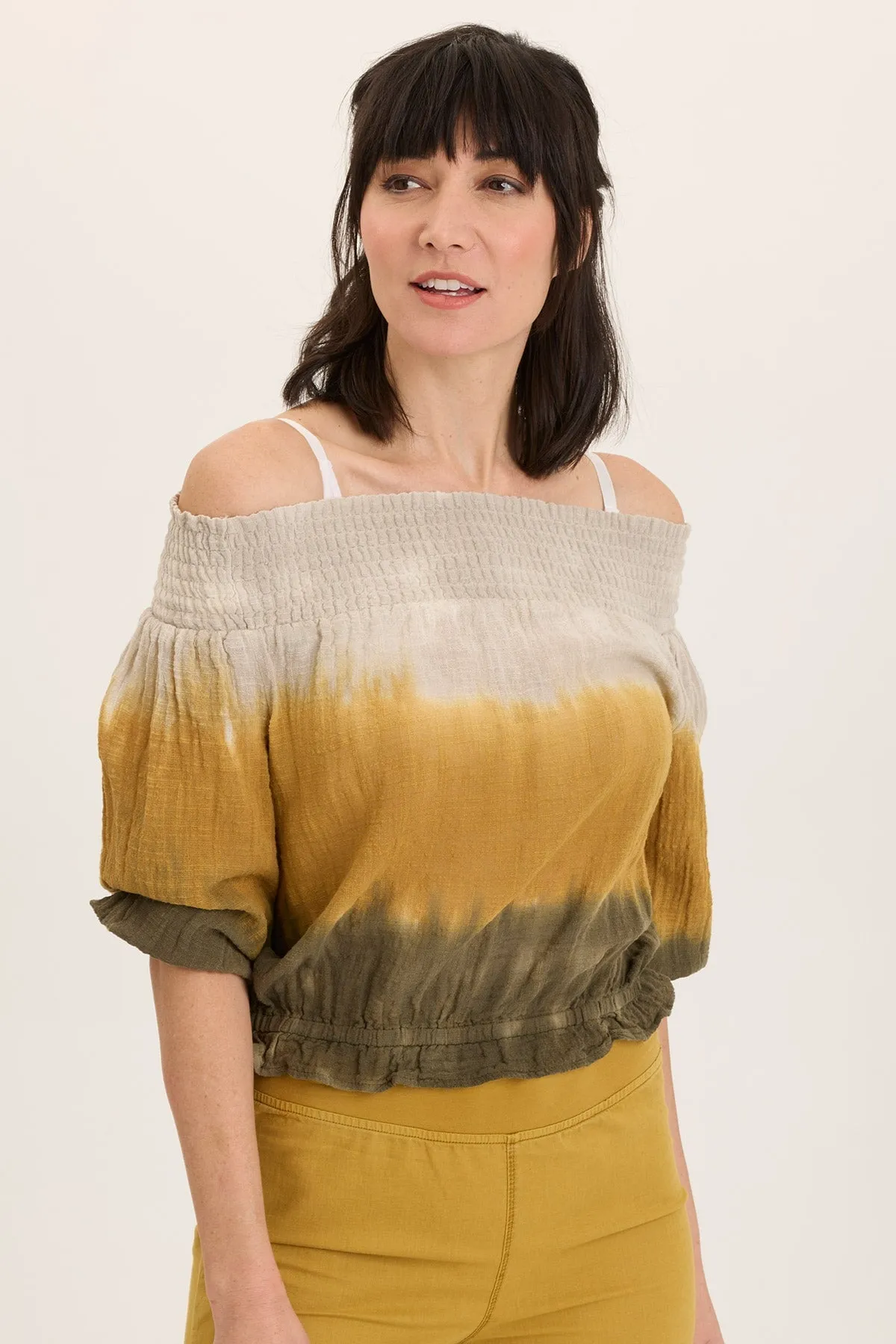 SmoothInnerLining Jolia Gauze Off-Shoulder Billow Sleeve Top