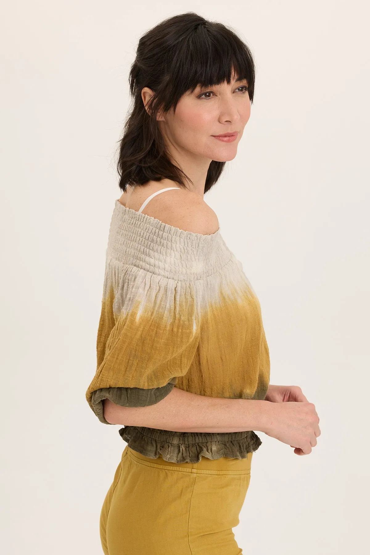 Jolia Gauze Off-Shoulder Billow Sleeve Top FrictionReducing Lining Leader Core