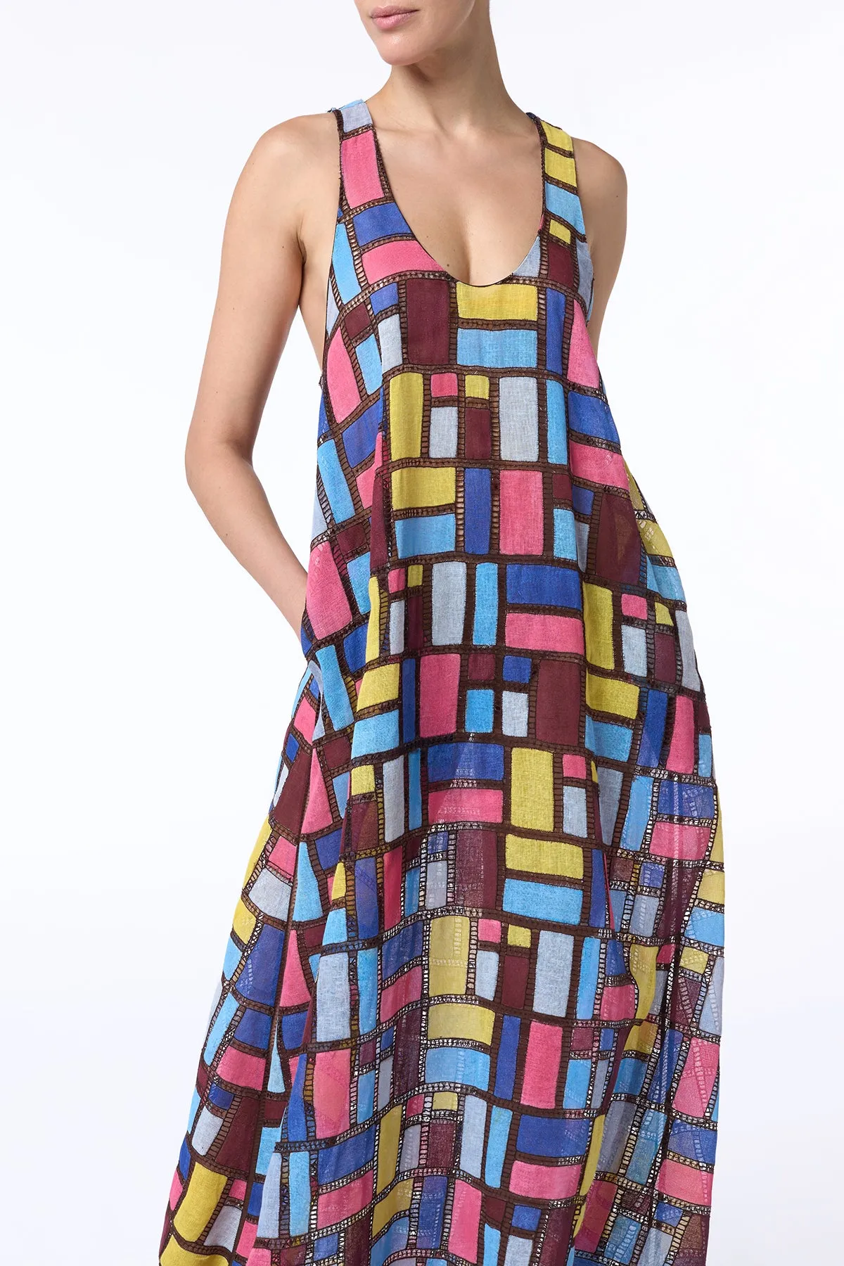 Clear Mind Niki Patchwork Embroidered Maxi Dress in Aurora Multi Linen