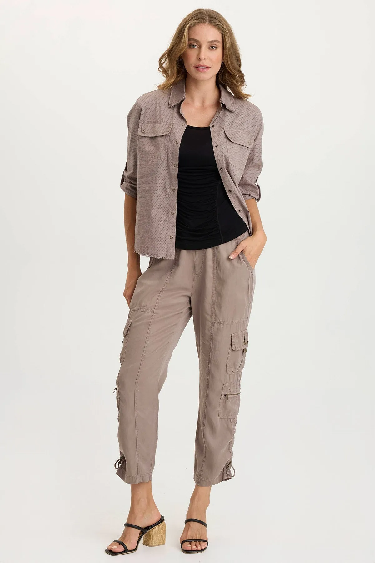 Village Charm Arvin Perforated Poplin   Jersey Tabbed 3/4-Sleeve Snap-Up Top