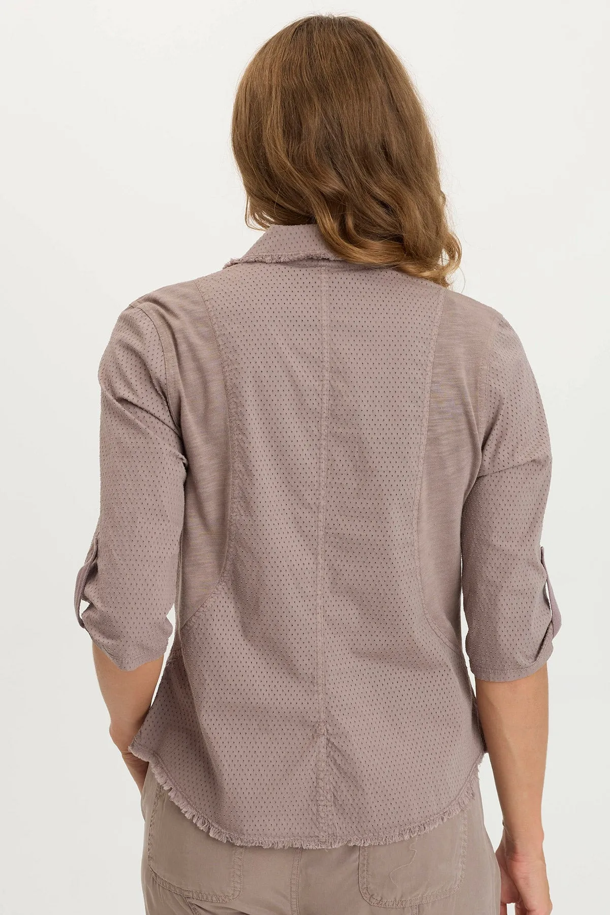 Arvin Perforated Poplin   Jersey Tabbed 3/4-Sleeve Snap-Up Top FlexibleElasticity