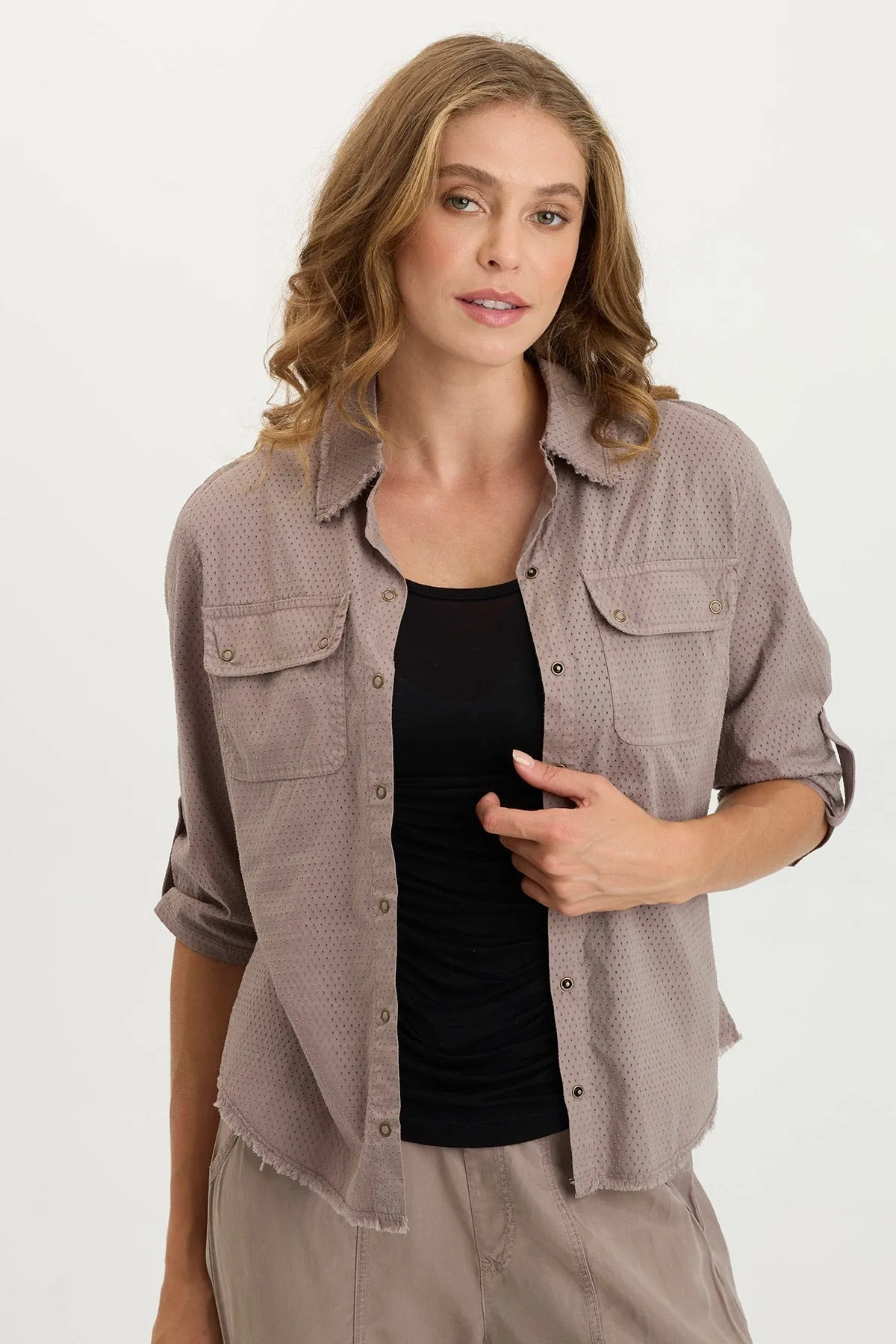 Arvin Perforated Poplin   Jersey Tabbed 3/4-Sleeve Snap-Up Top AntiPilling