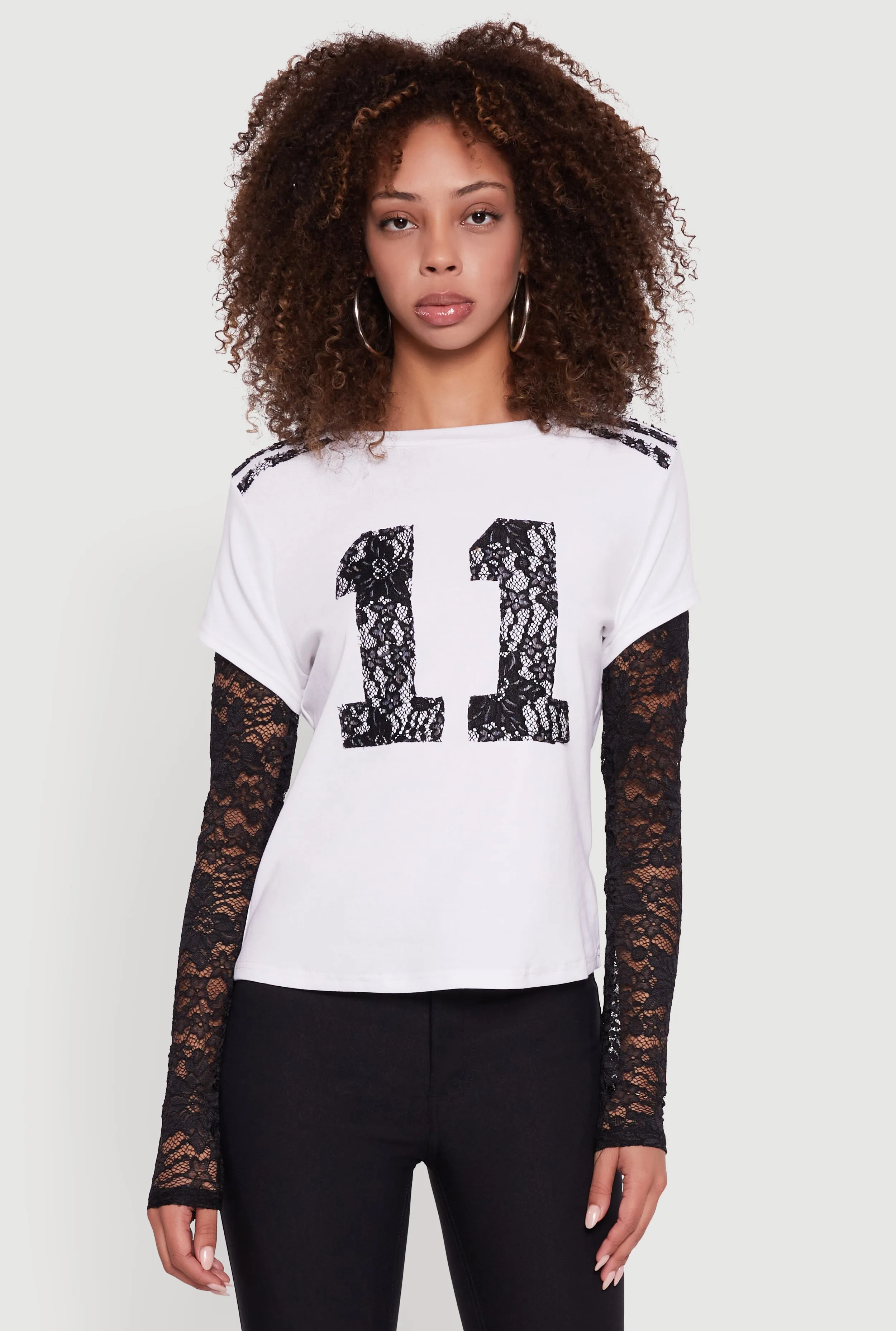 Lace Detail Graphic Long Sleeve Top Summer Favorite Bohemian style