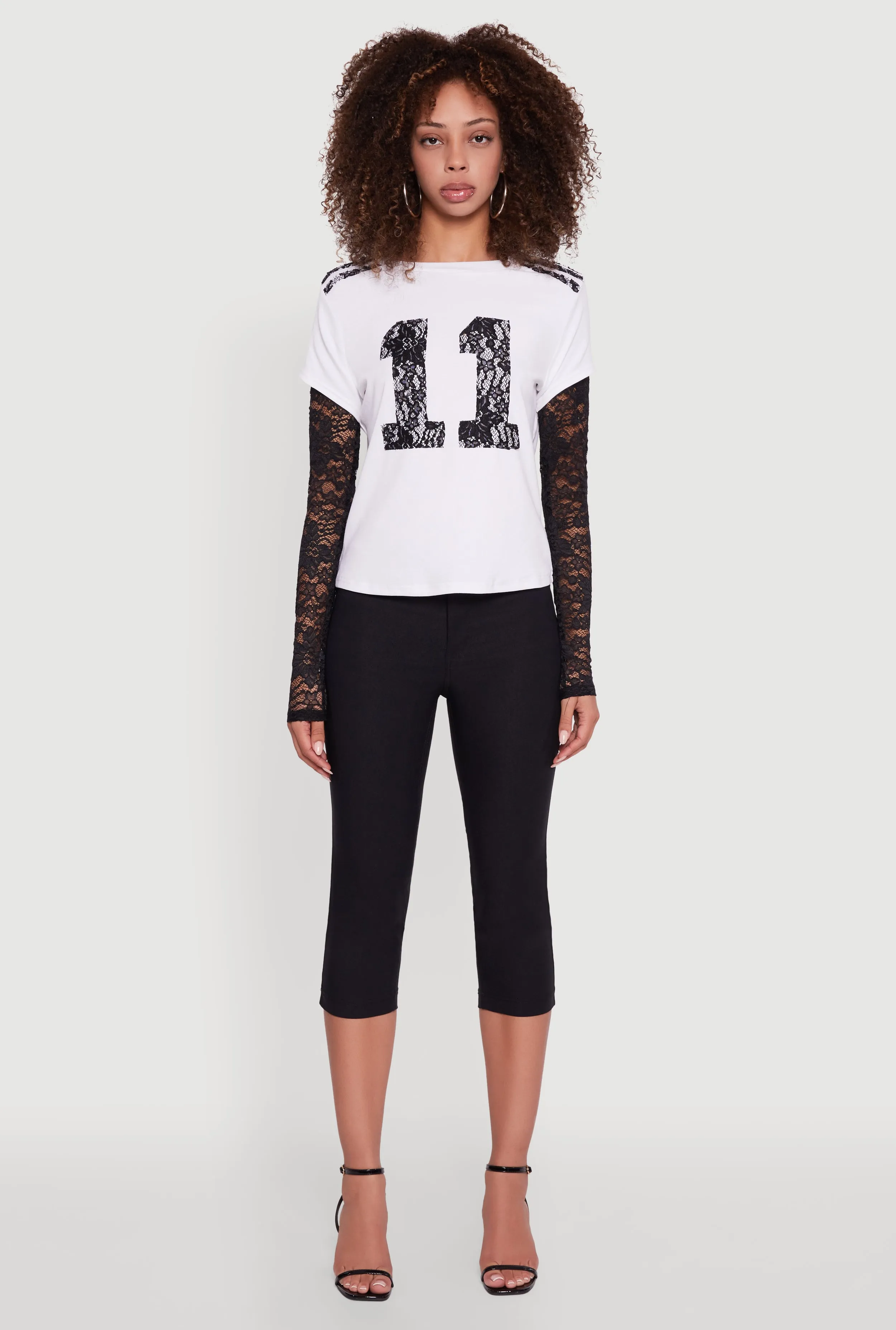 Chic Casual Wear Stretch Knit Lace Detail Graphic Long Sleeve Top