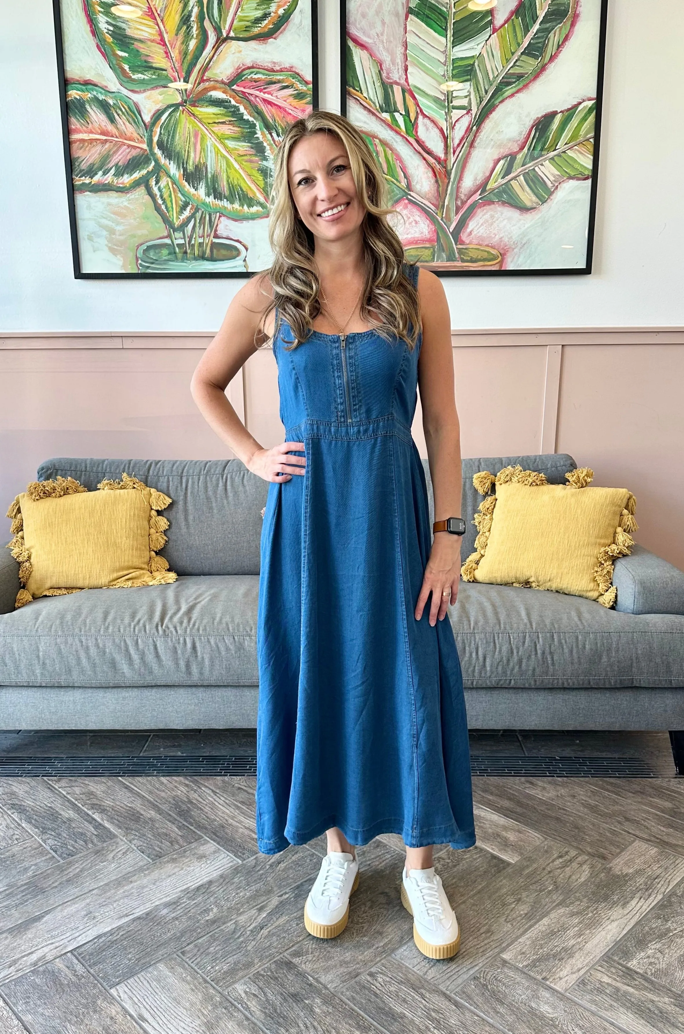 Denim Midi Zip Dress Commute Ease
