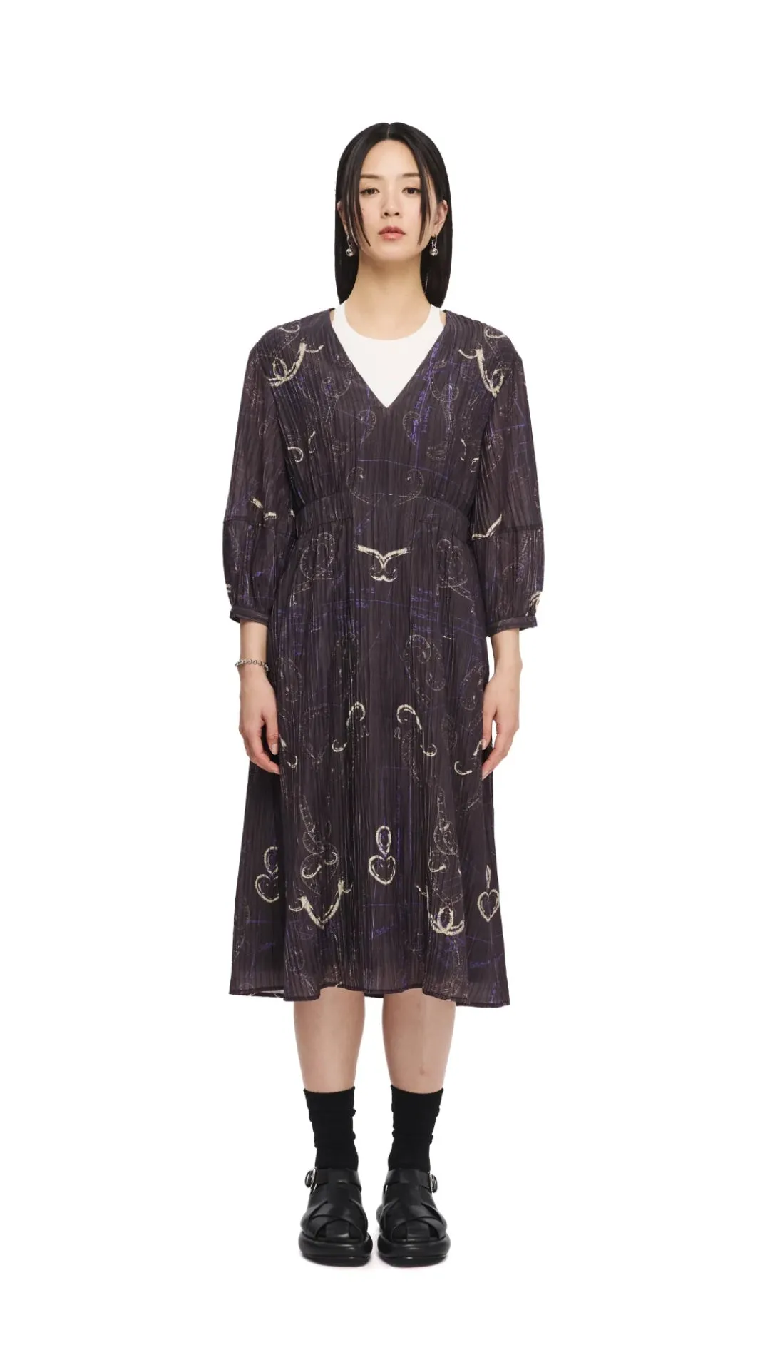 French Curve Ruler Print Puff-Sleeves Dress HypoallergenicYarn