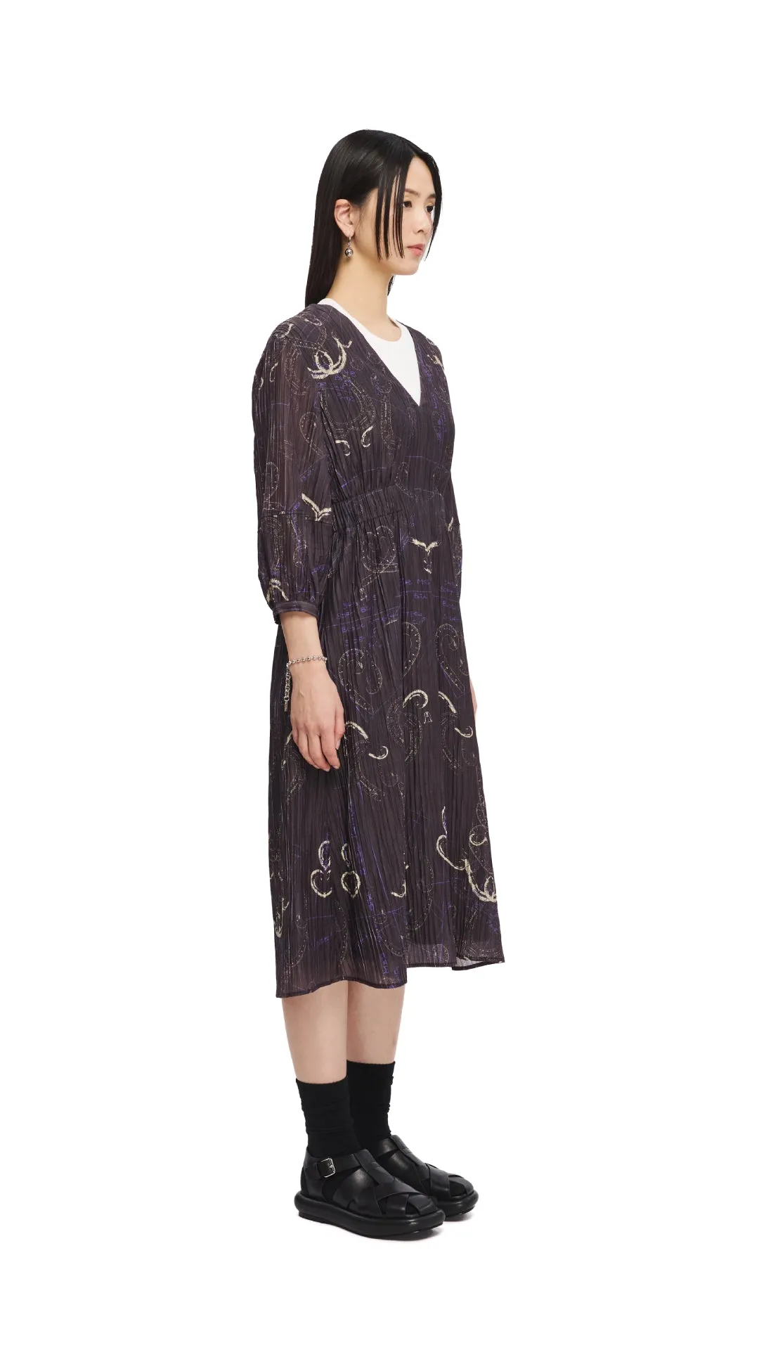 Wonder Fit French Curve Ruler Print Puff-Sleeves Dress