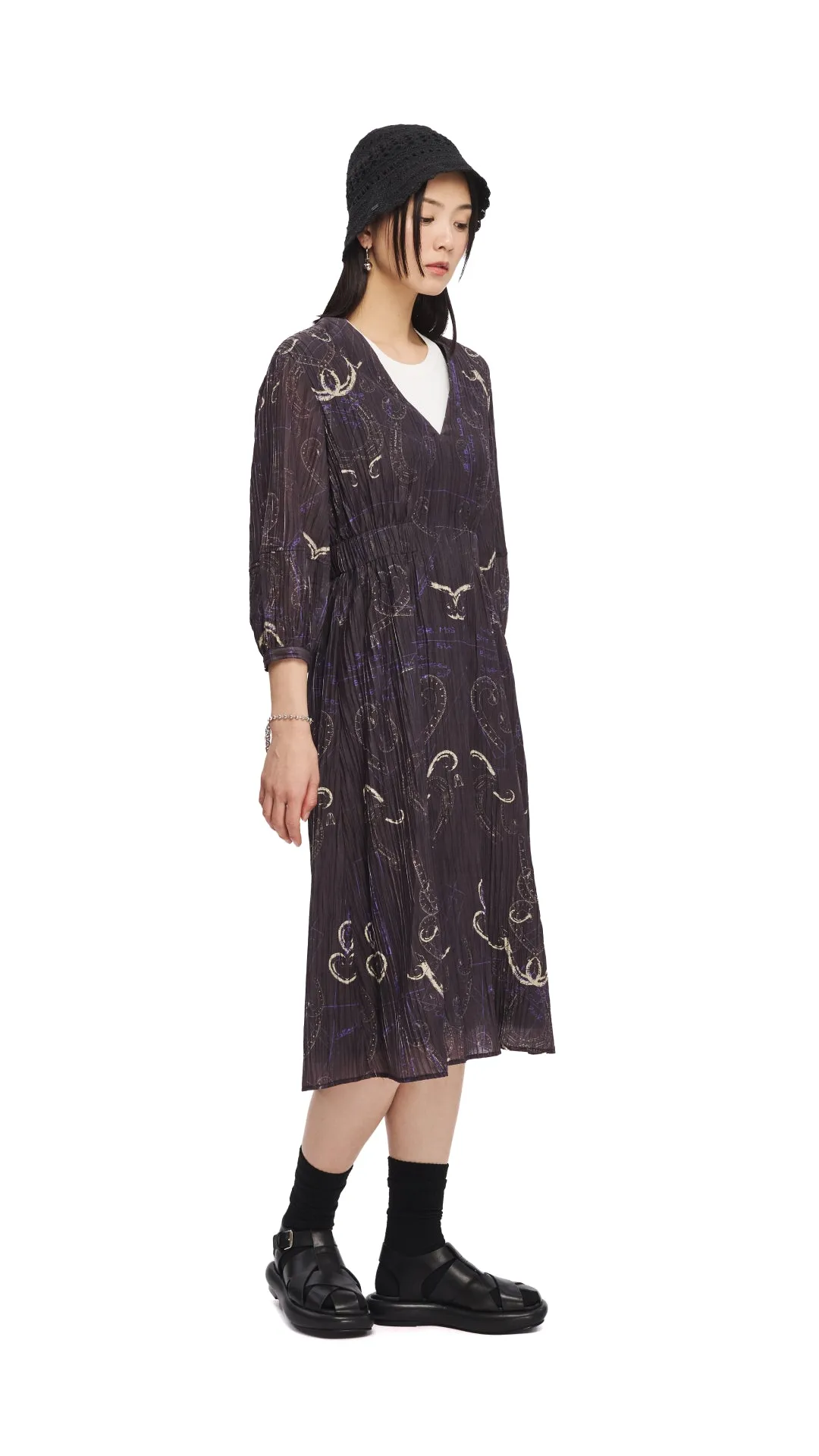 AbrasionResistantFabric Urban Pulse French Curve Ruler Print Puff-Sleeves Dress