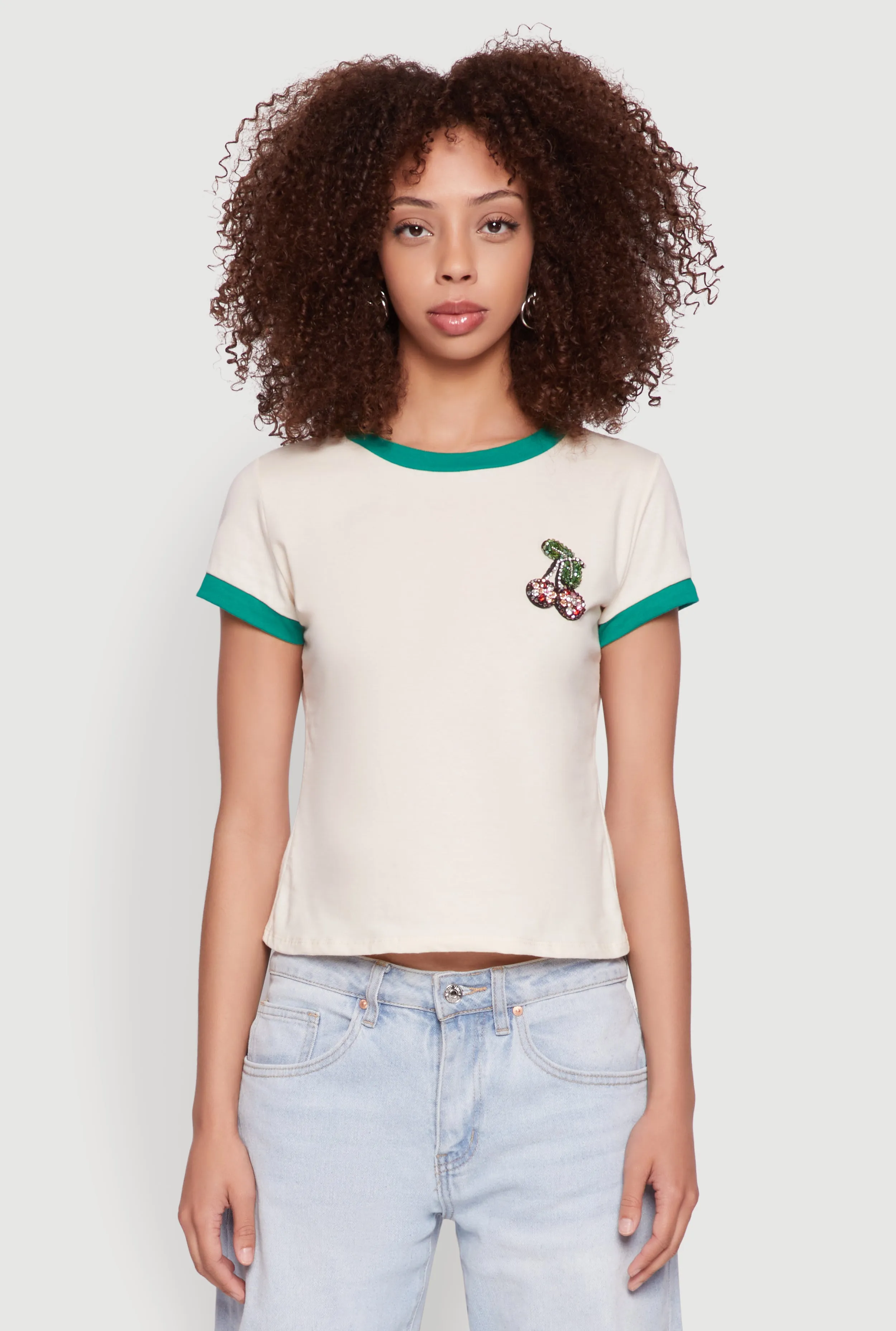 Rhinestone Cherry Ringer Tee SkinFriendlyFibers No Fade Technology