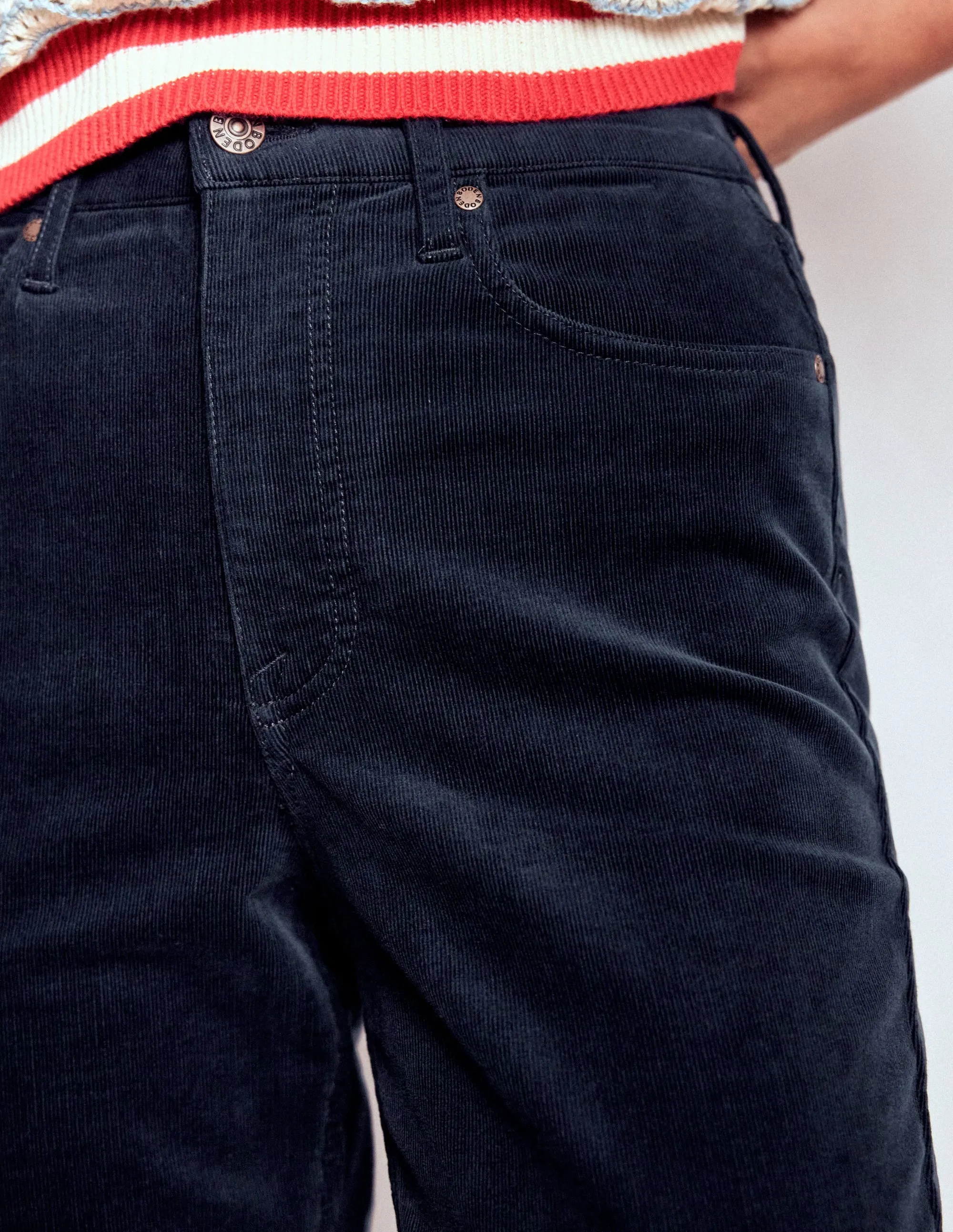 High-Waisted Cord Slim Jeans-Navy Casual Street