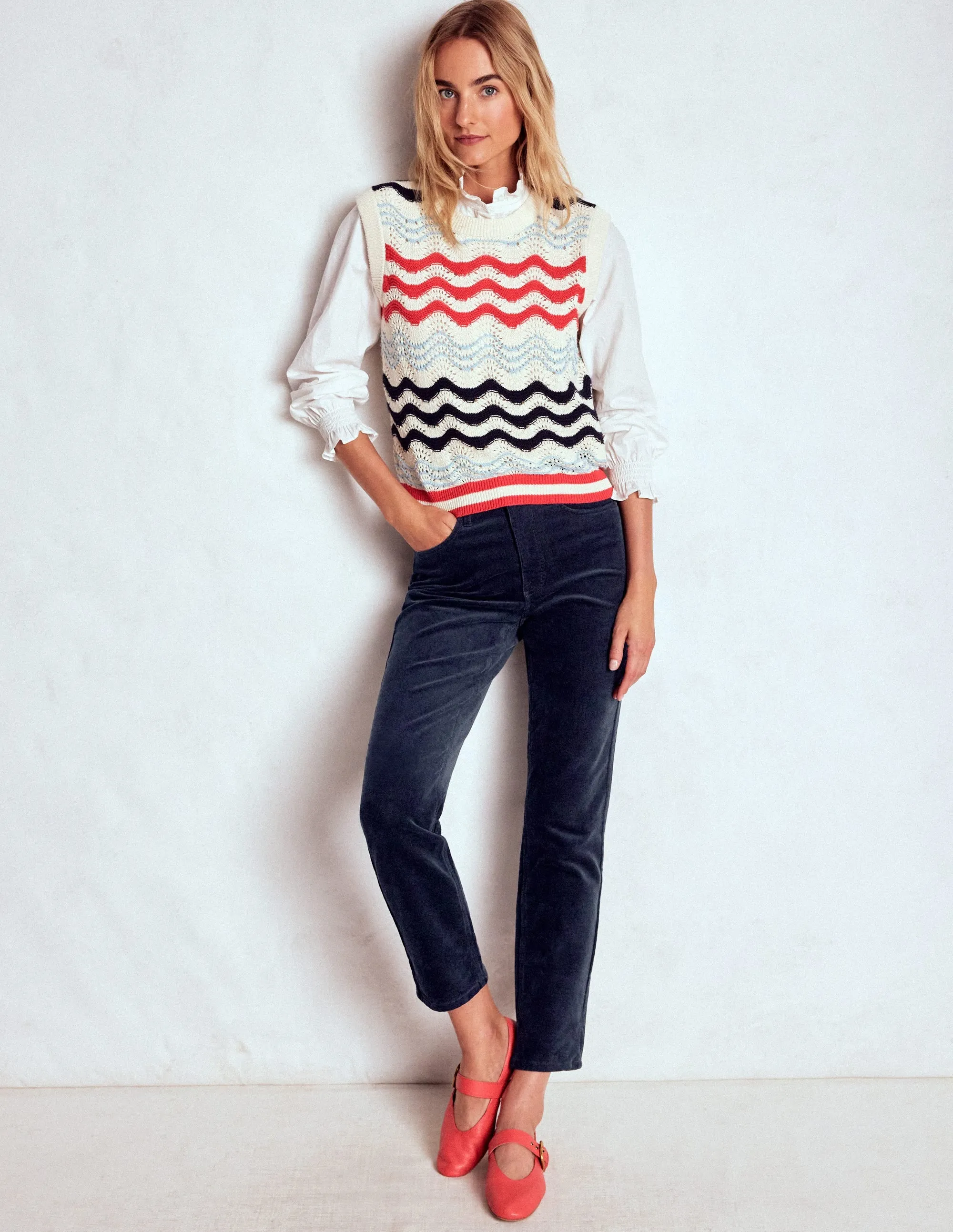 Morning Stroll Music Event Office Wear High-Waisted Cord Slim Jeans-Navy