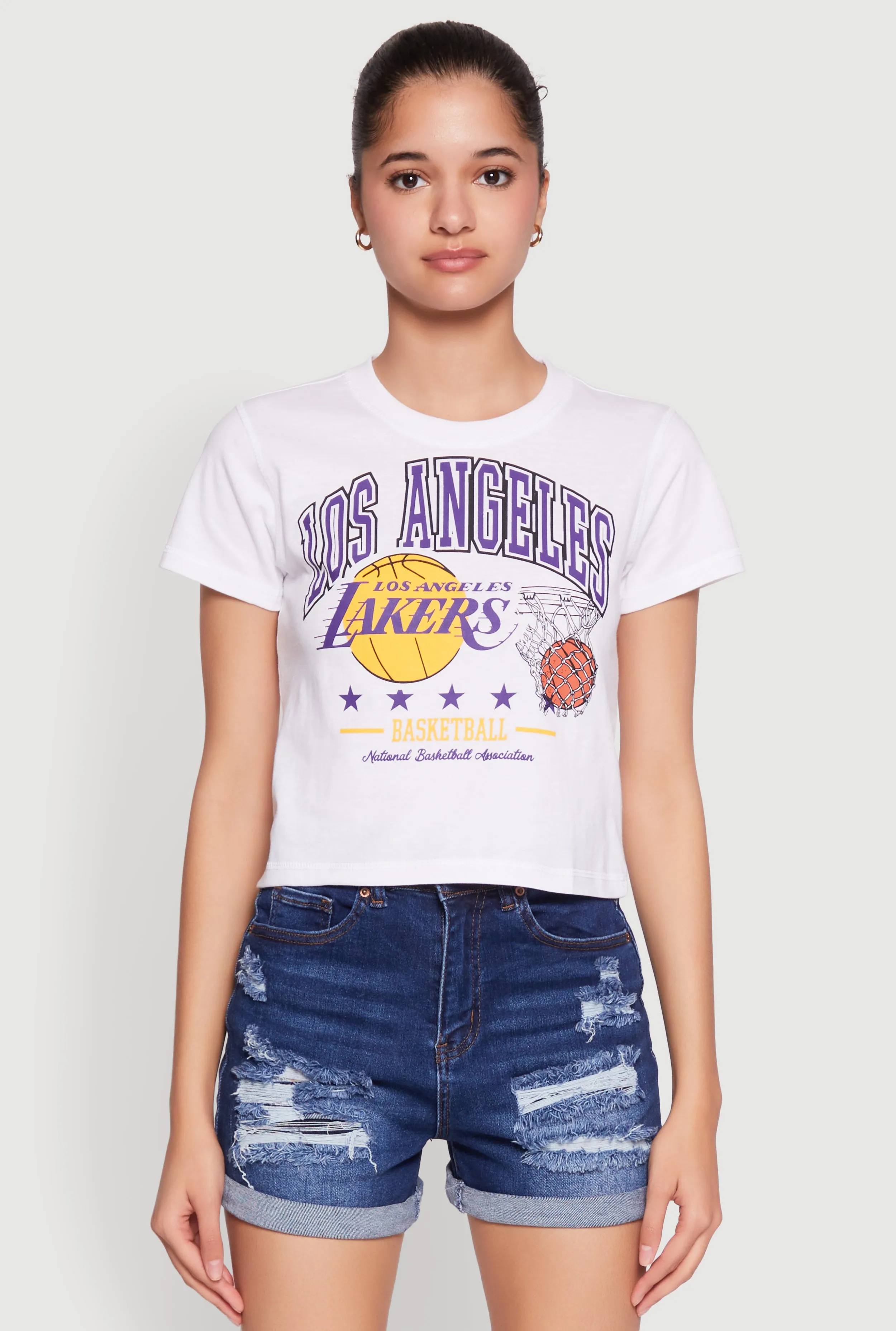 Stretchable Knit NBA Los Angeles Lakers Cropped Graphic Tee