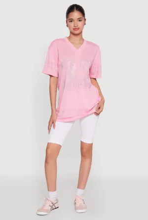 Taped Neckline Rhinestone Graphic Short Sleeve Jersey Top