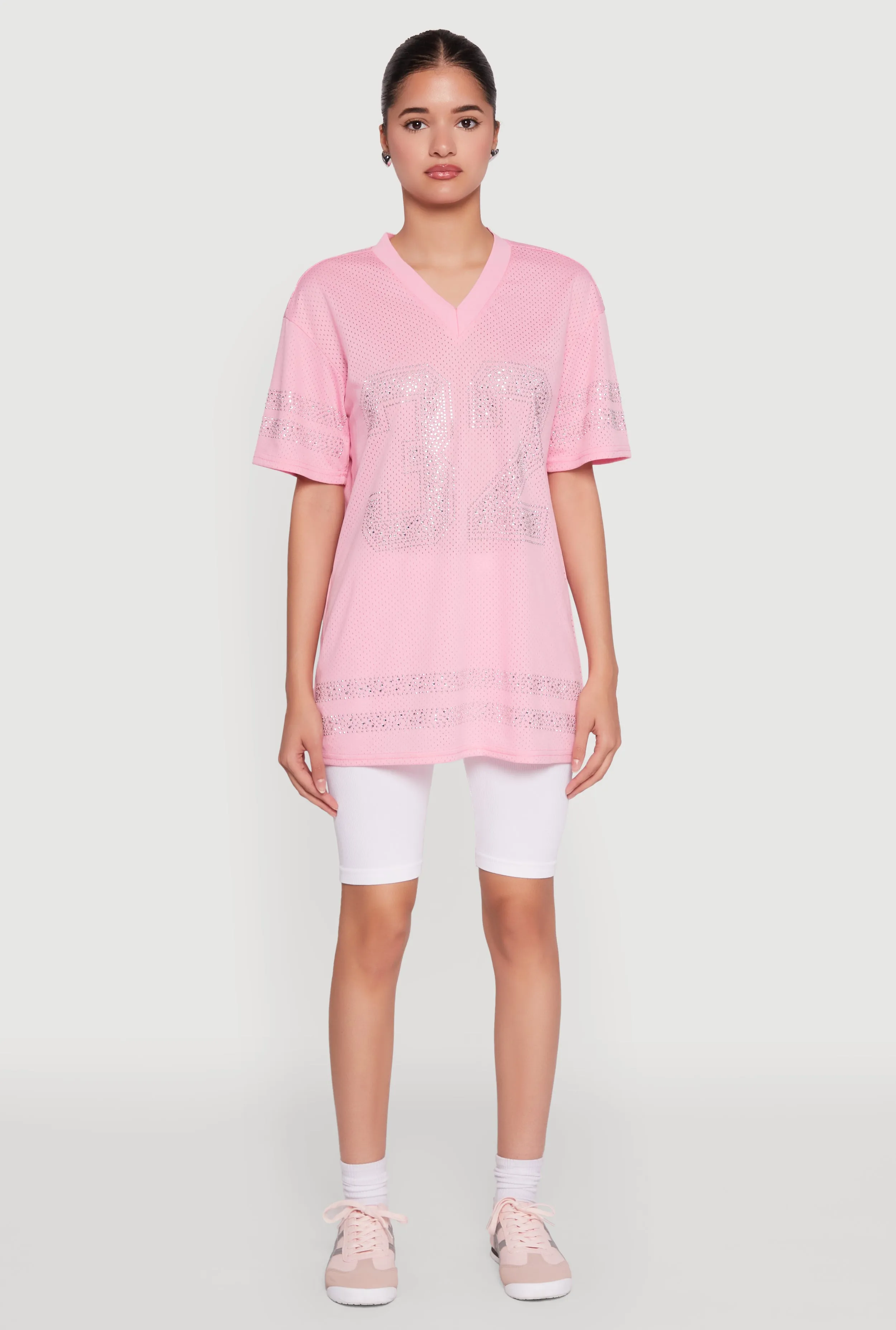 Crew neck classic Reinforced Hems Rhinestone Graphic Short Sleeve Jersey Top