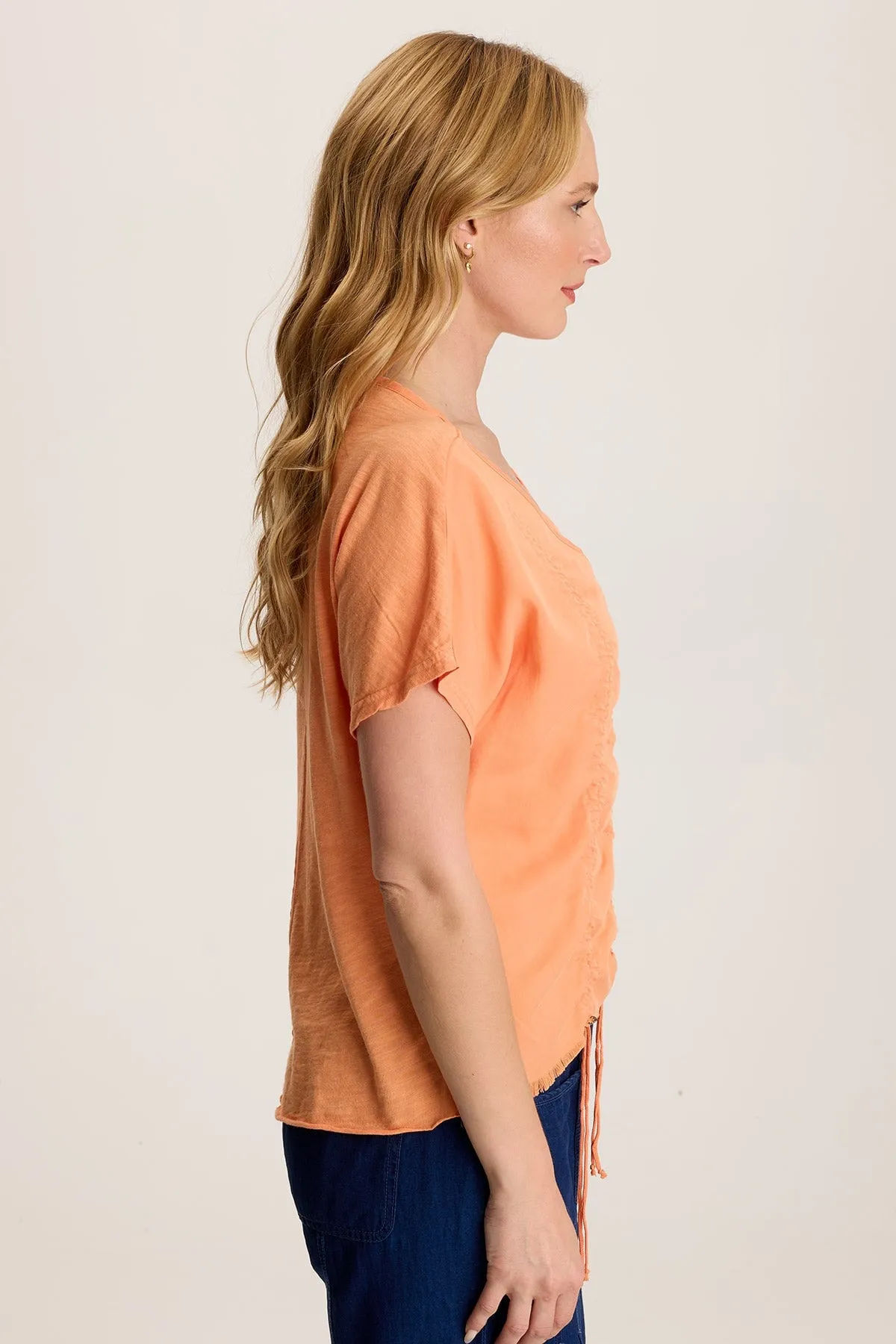 Desk Style FlexSeamTechnology Werner Twill Ruched Cord Relaxed V-Neck Tee