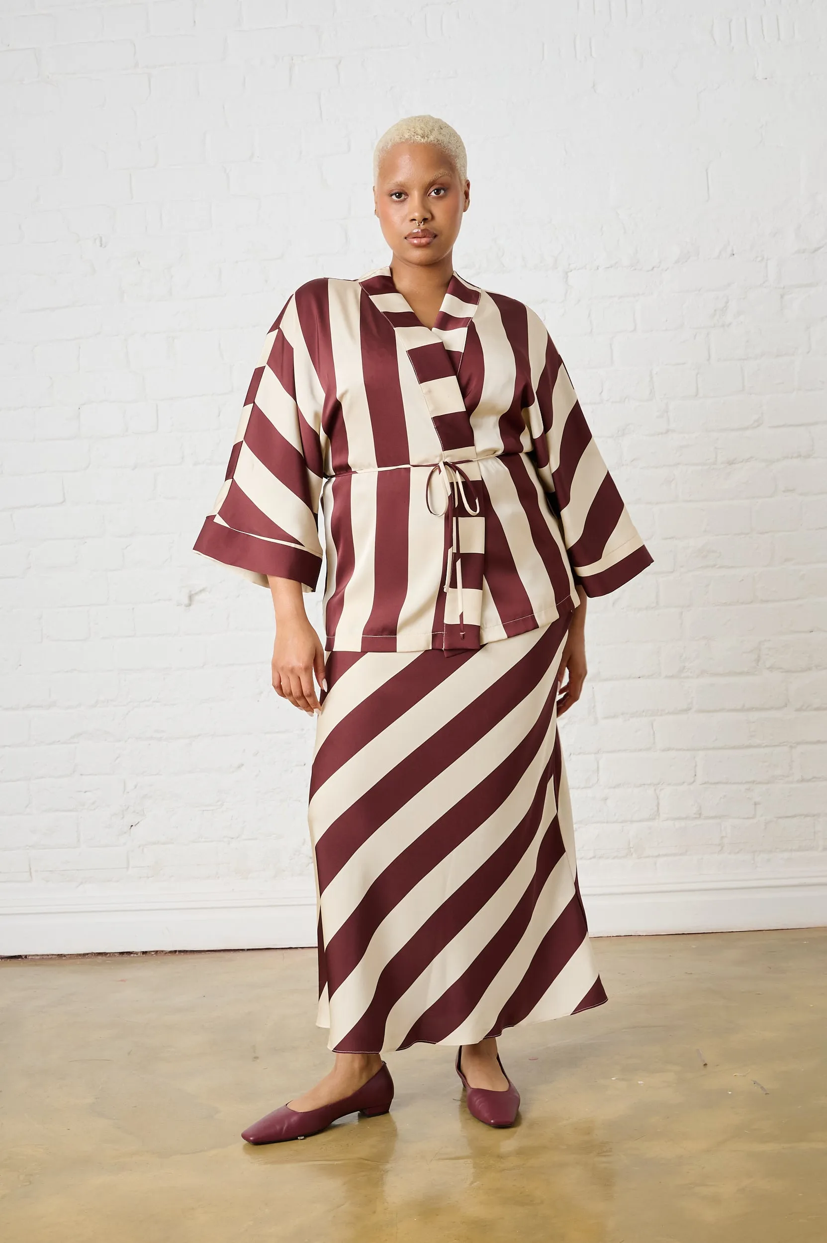 Satin Maxi Skirt in Burgundy Stripe Summer Outfit Modern Outfit