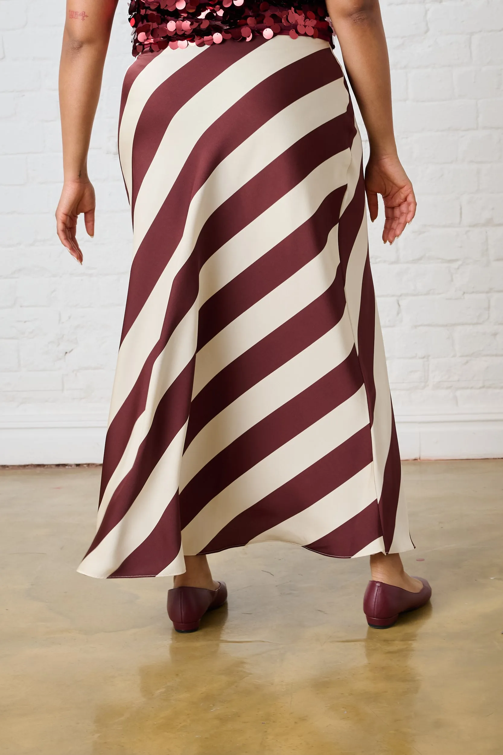 Satin Maxi Skirt in Burgundy Stripe Light Edge