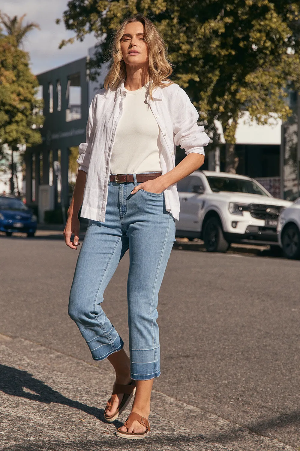 Adrift Denim Cropped Straight Leg Jeans in Light Wash Effortless casual Road Trip Bold Look Smart Casual