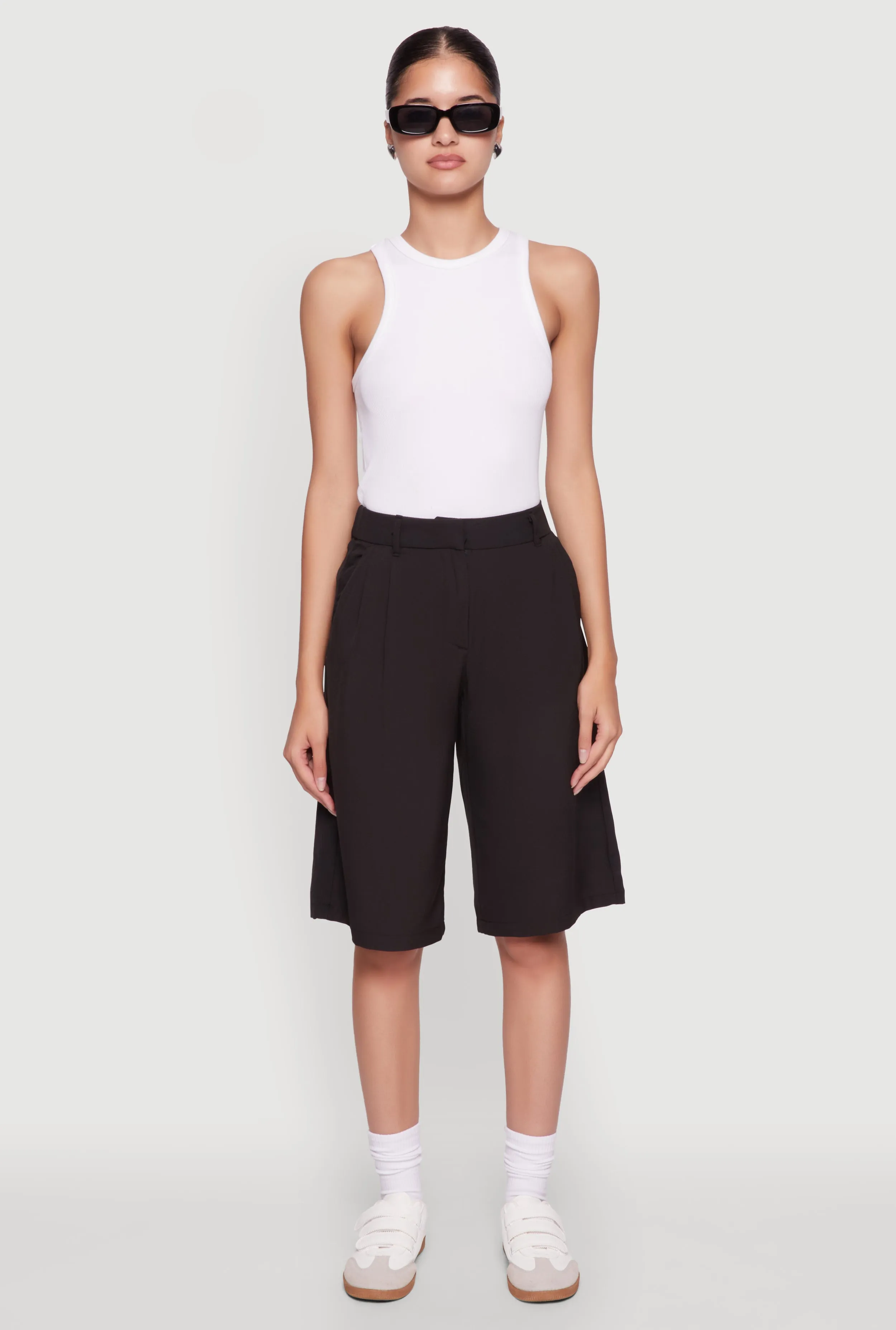 picnic wear UV Protective Coating High Waisted Crepe Knit Tailored Bermuda Shorts