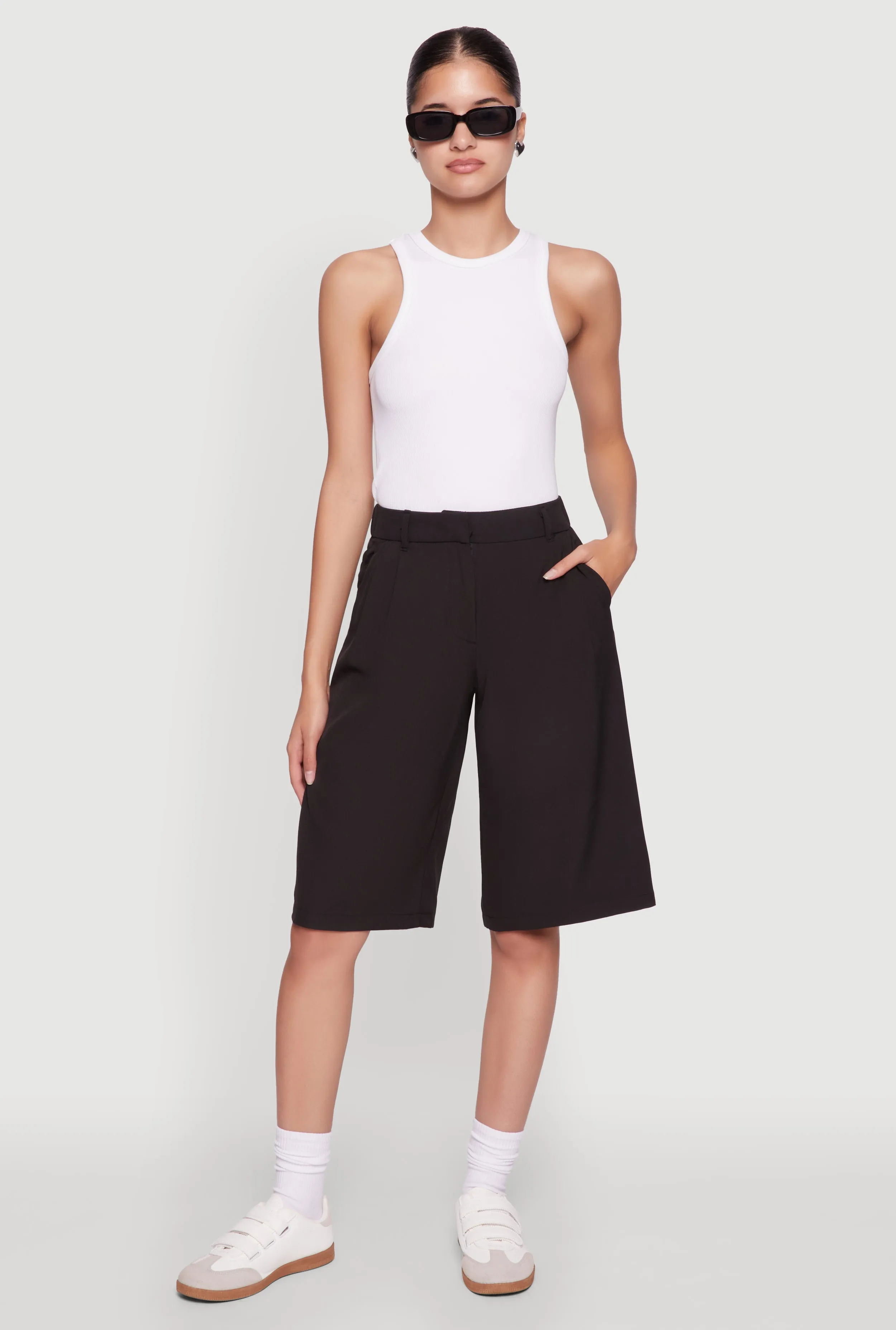 High Waisted Crepe Knit Tailored Bermuda Shorts Travel Style