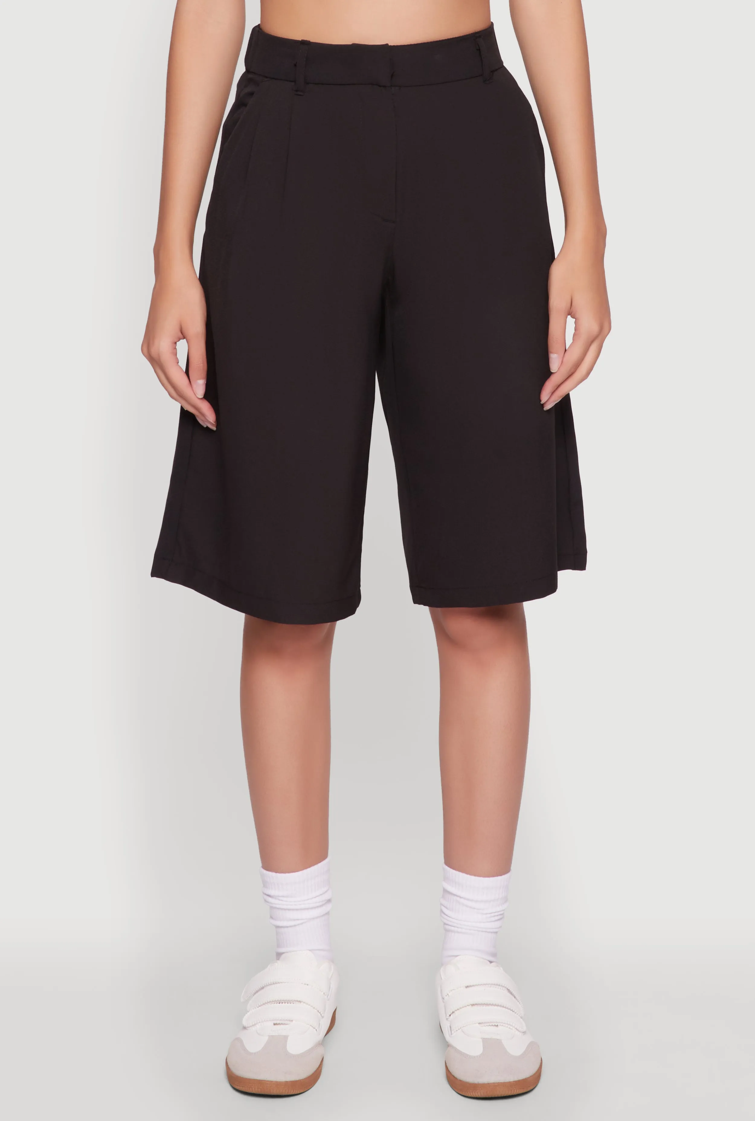 High Waisted Crepe Knit Tailored Bermuda Shorts Fleece Lining Dynamic Flex Zones