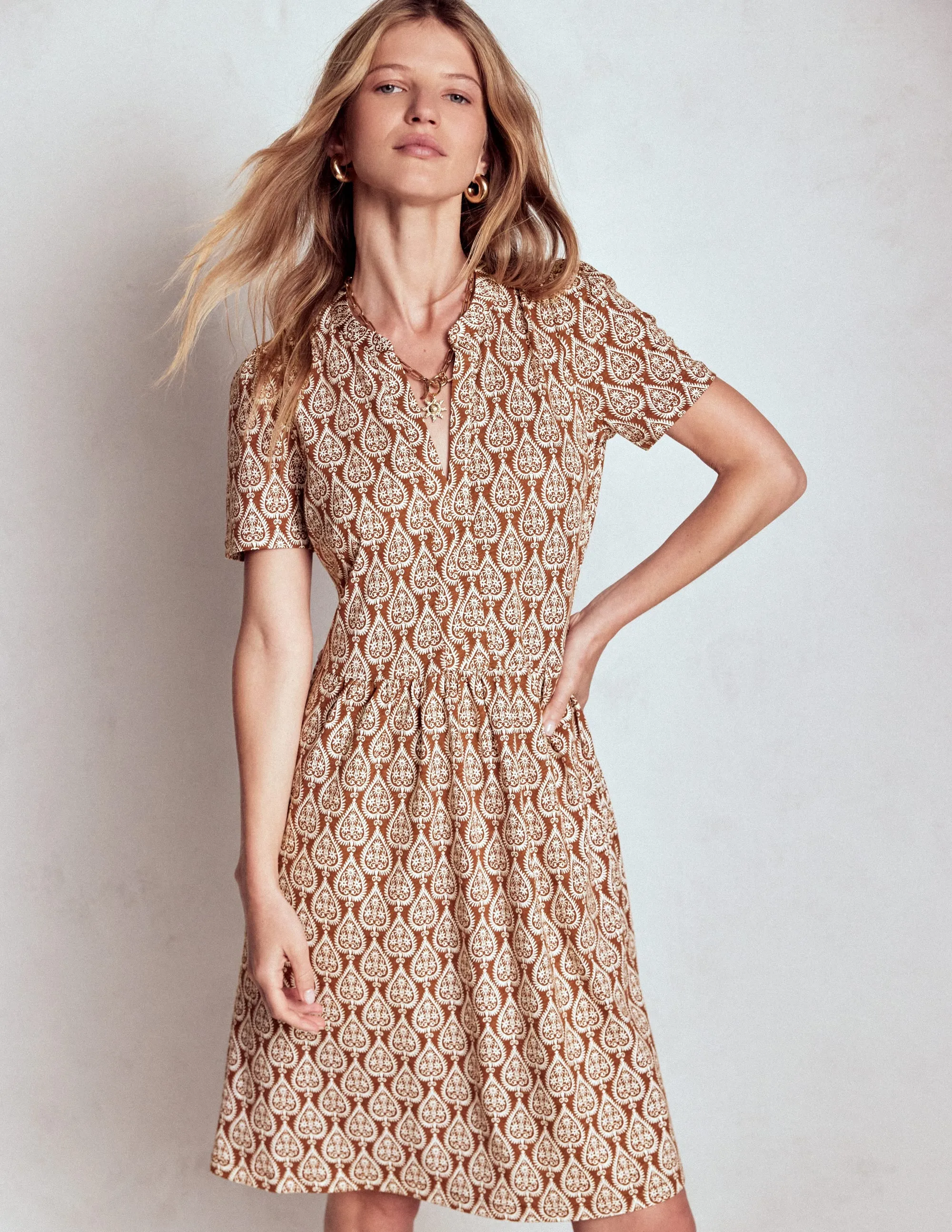 Naomi Short Sleeve Dress-Cognac, Ornate Geo Odor Resistant Fabric Bold Fashion