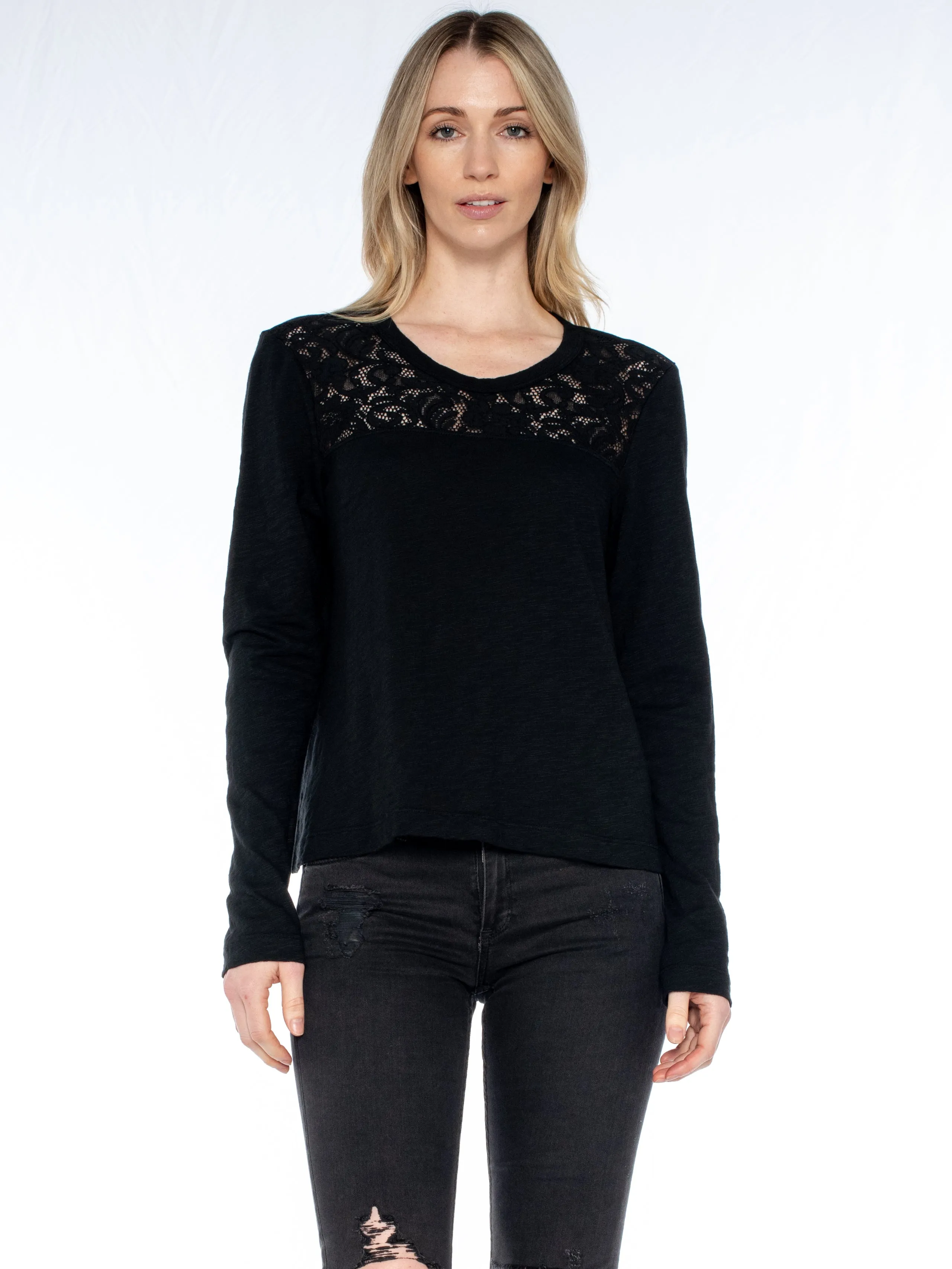 Easy Long Sleeve Crew Lace Yoke Tee TearResistant Zoom Proper