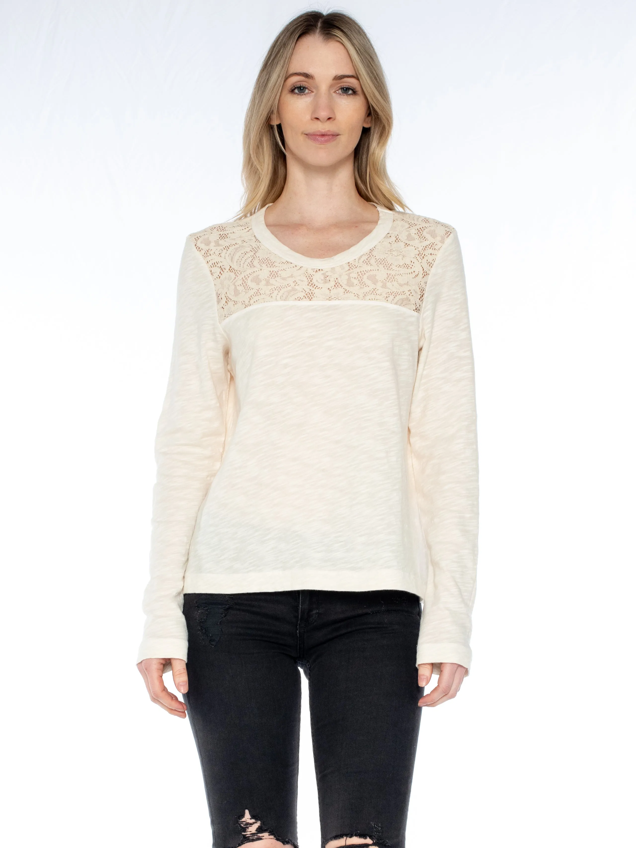 Easy Long Sleeve Crew Lace Yoke Tee MoistureWickingTechnology FlexibleCuff