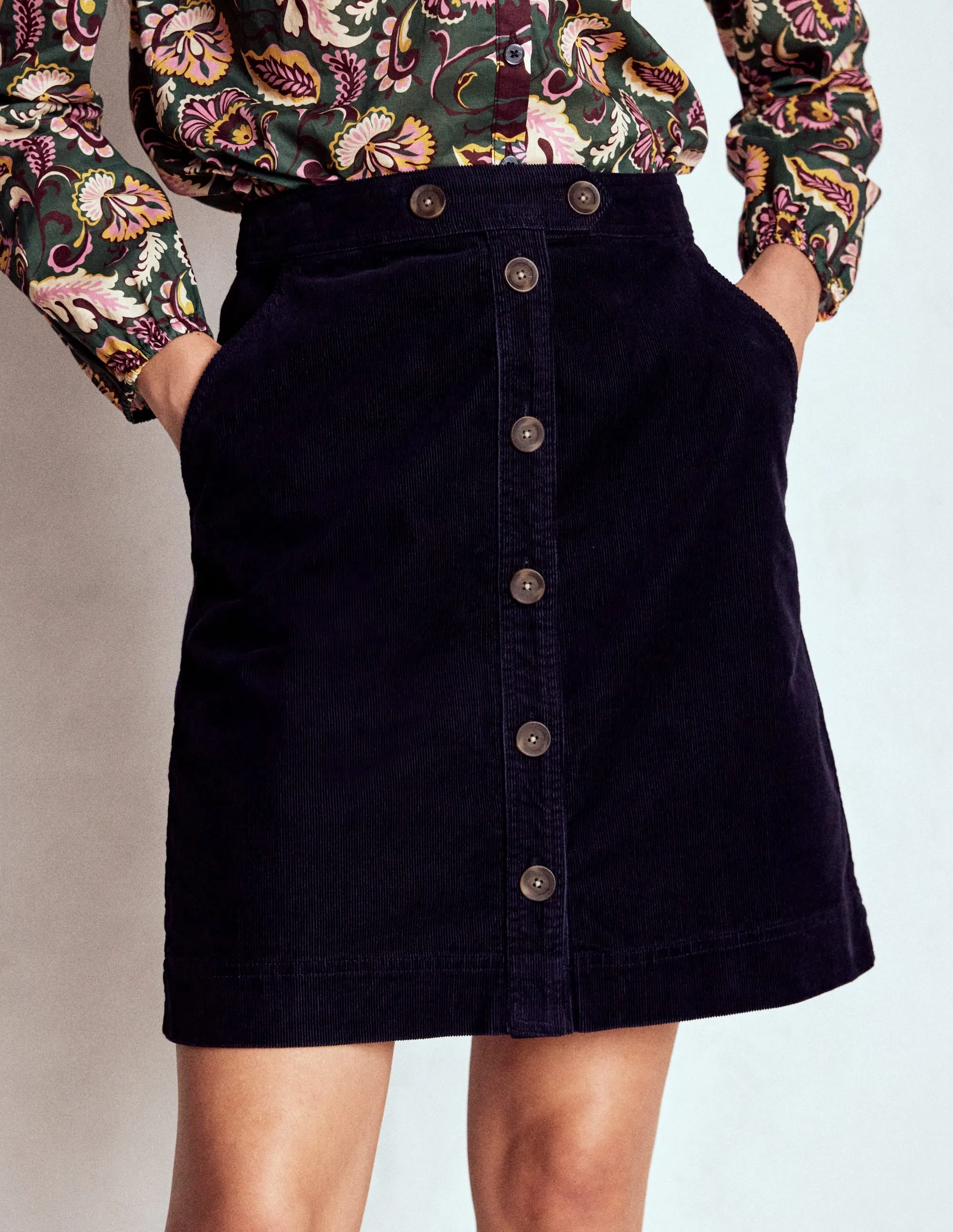 Cecelia Cord Skirt-Navy Detachable Tie Comfort Fit