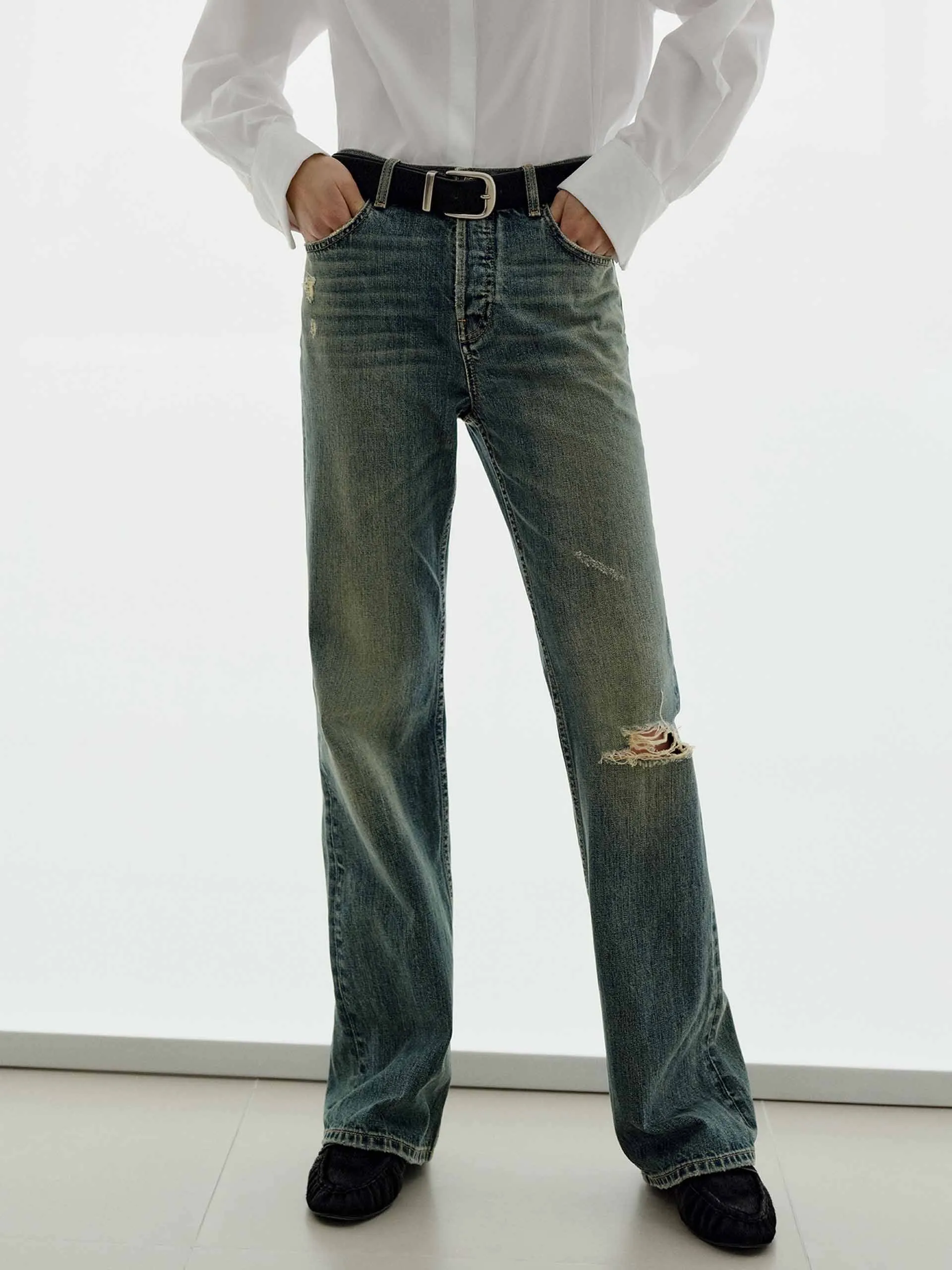 Cotton Ripped Wash Jeans Tailored Silhouette Cool Essential