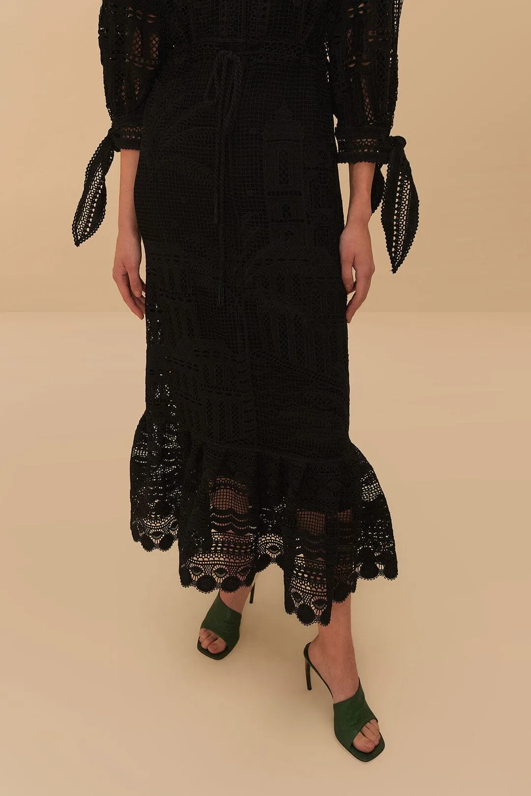 Patch Work casual beachwear Black Morada Boa Guipure Maxi Dress