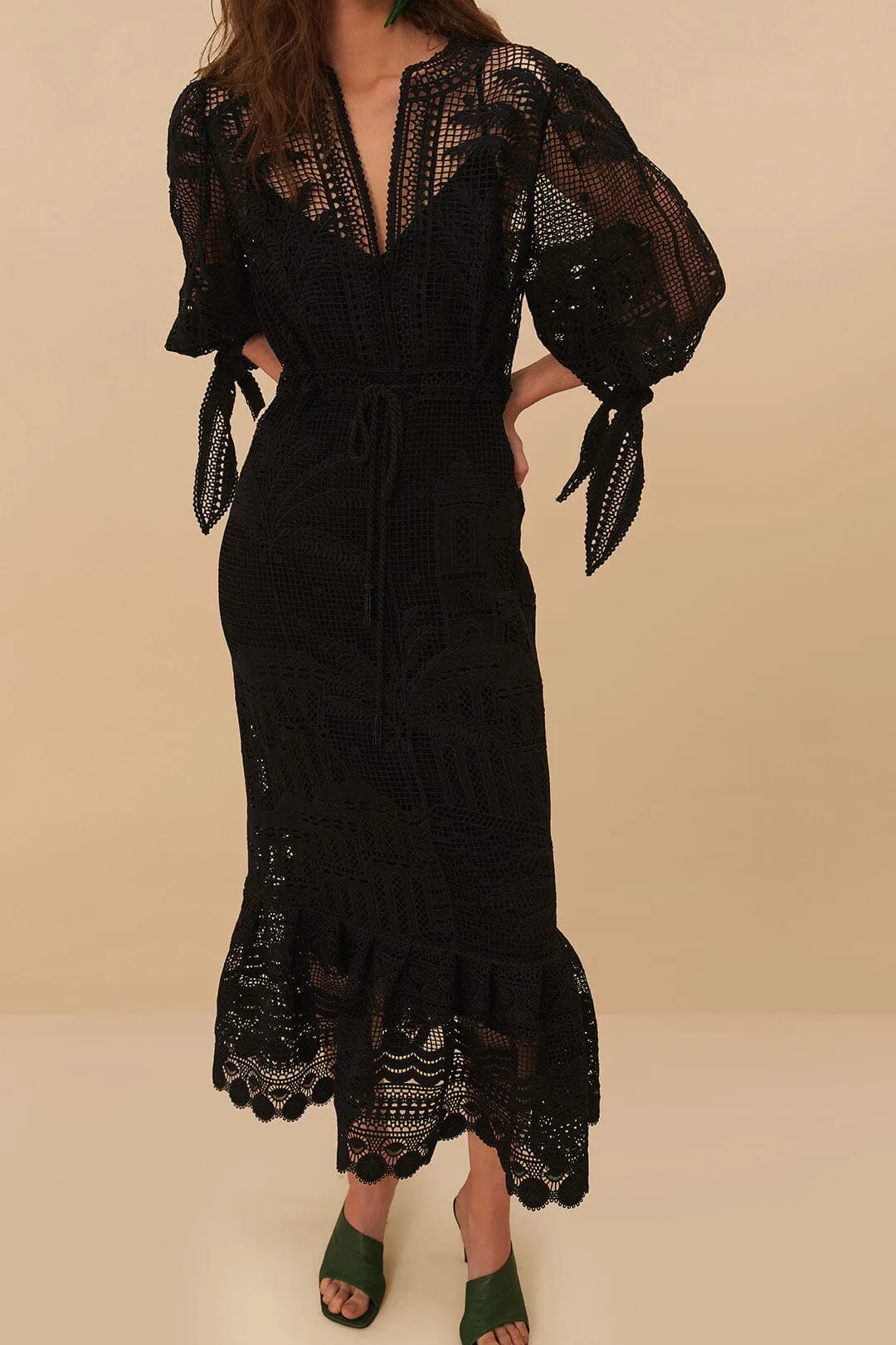 Black Morada Boa Guipure Maxi Dress This maxi dress can easily transition from day to night with minimal effort Sheer Layer