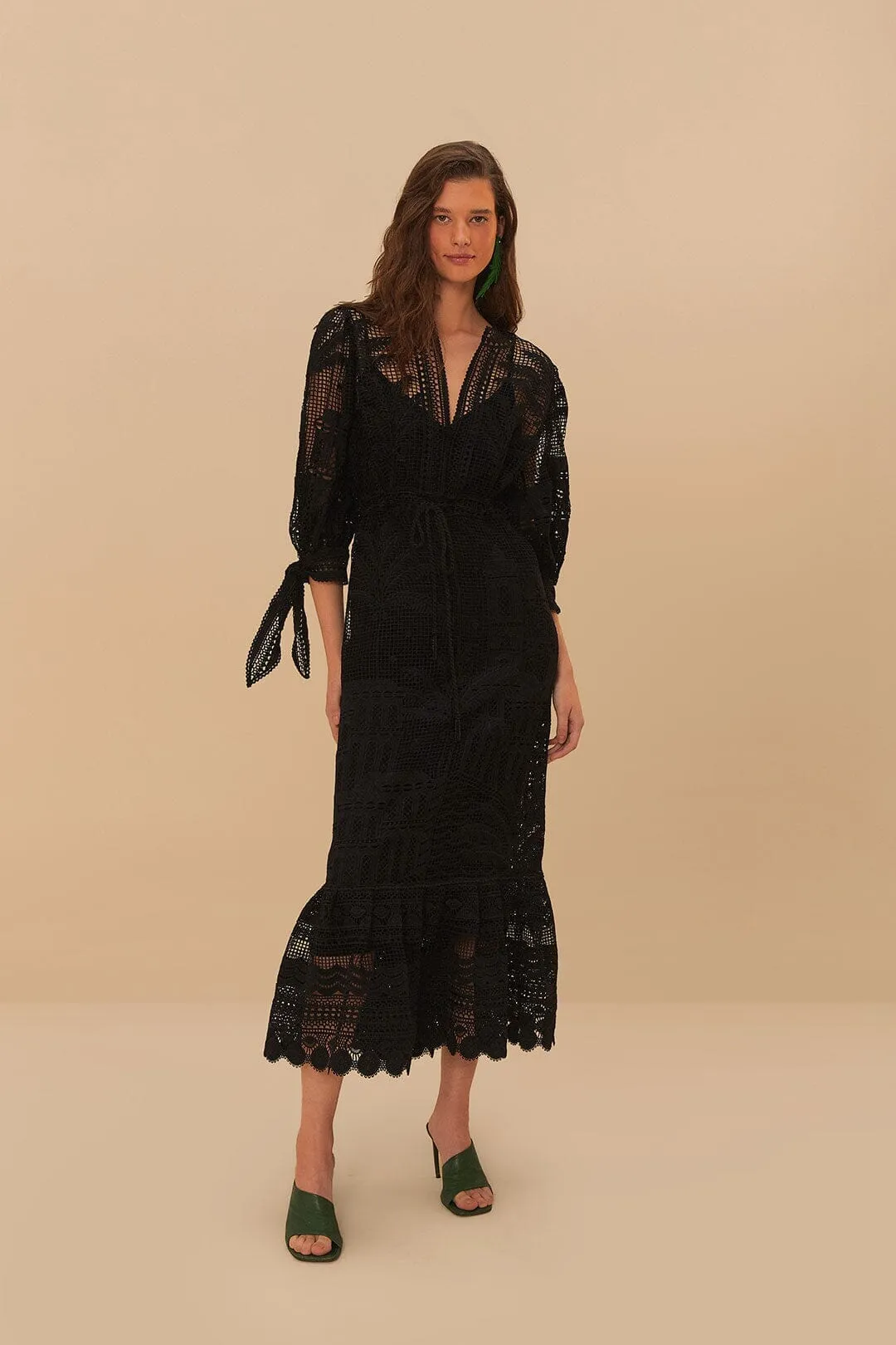 Lavender Glow Black Morada Boa Guipure Maxi Dress