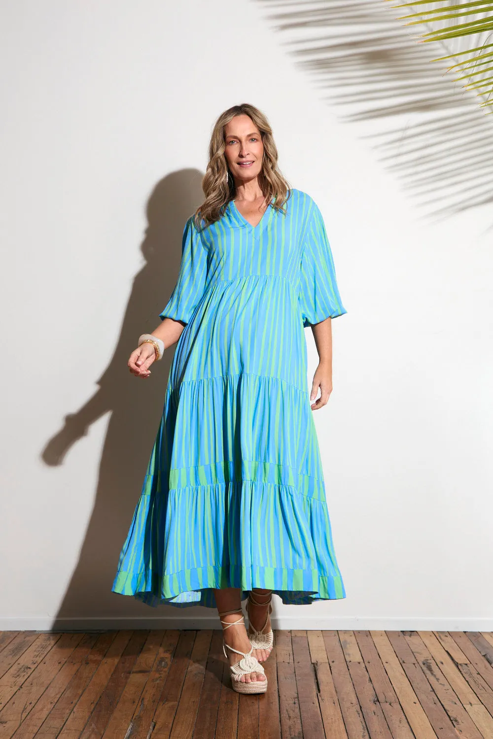 Sabre V-Neck Dress in Tropical Spring Leaf Dance