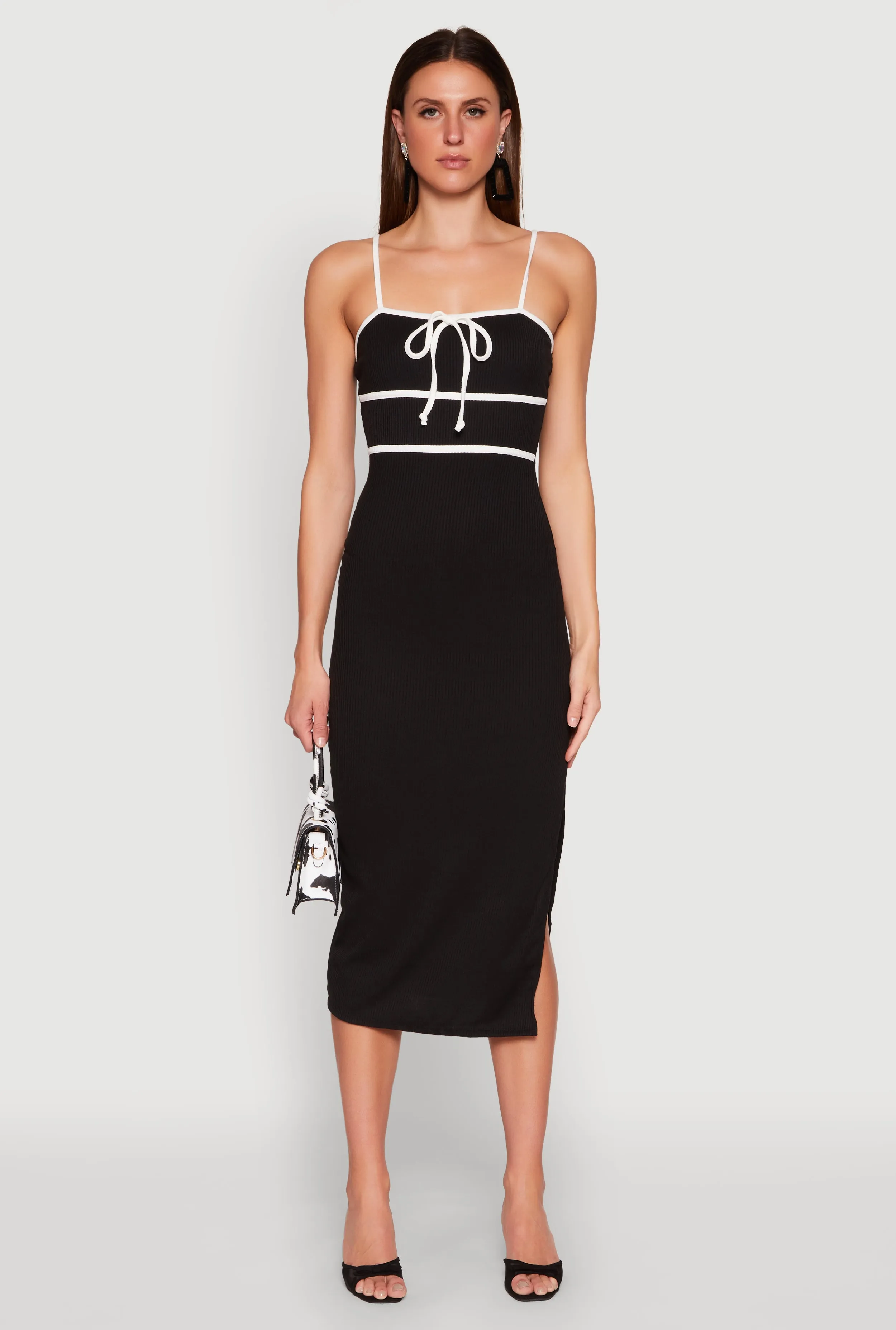 Contrast Trim Tie Front Side Slit Dress Sunrise Glow Chic dress for casual outings