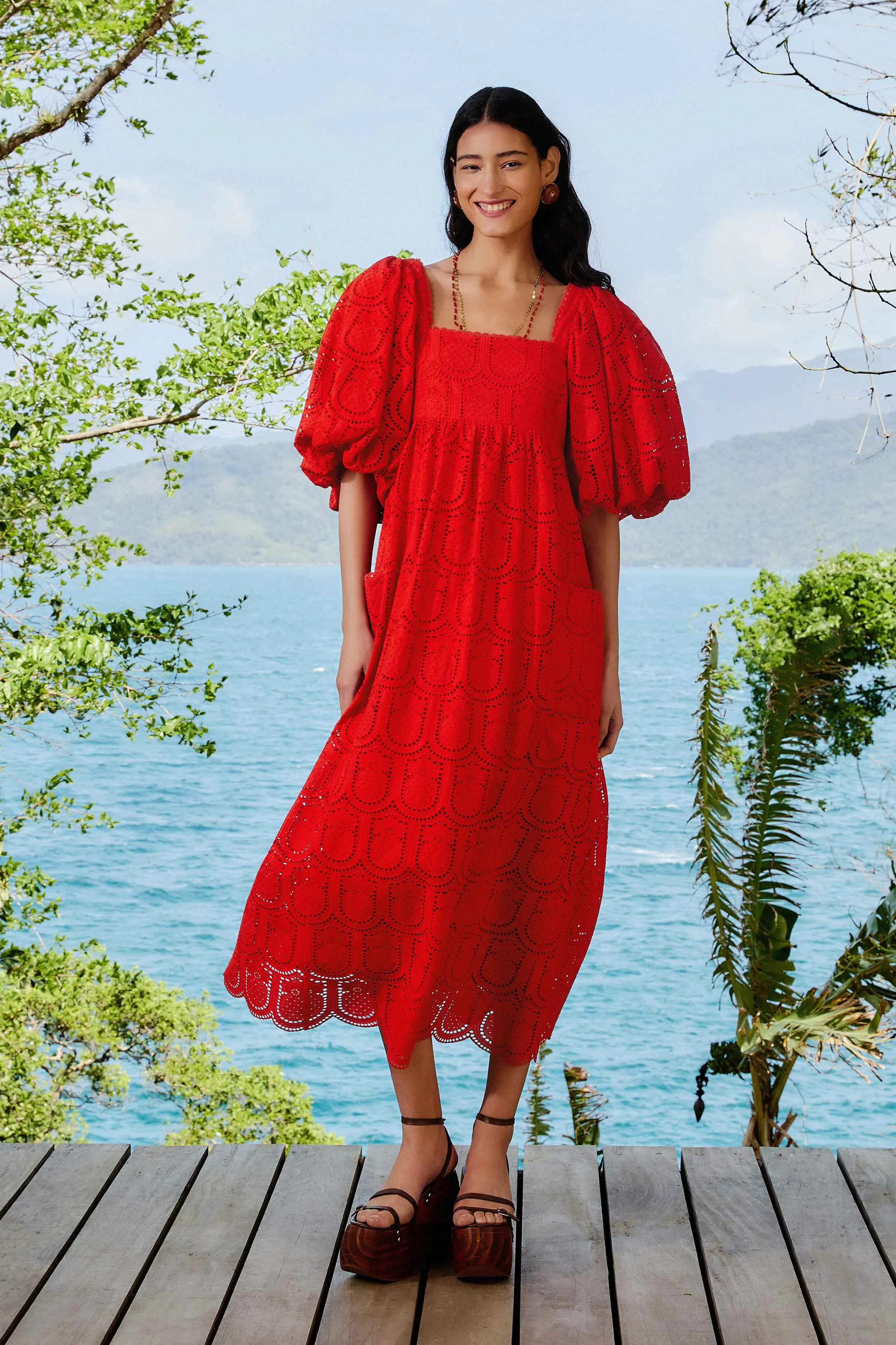 Sea View Red Pineapple Eyelet Maxi Dress