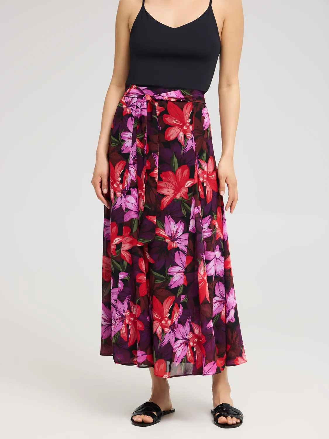Floral Chiffon Long Skirt With Front Sash Neat Mood
