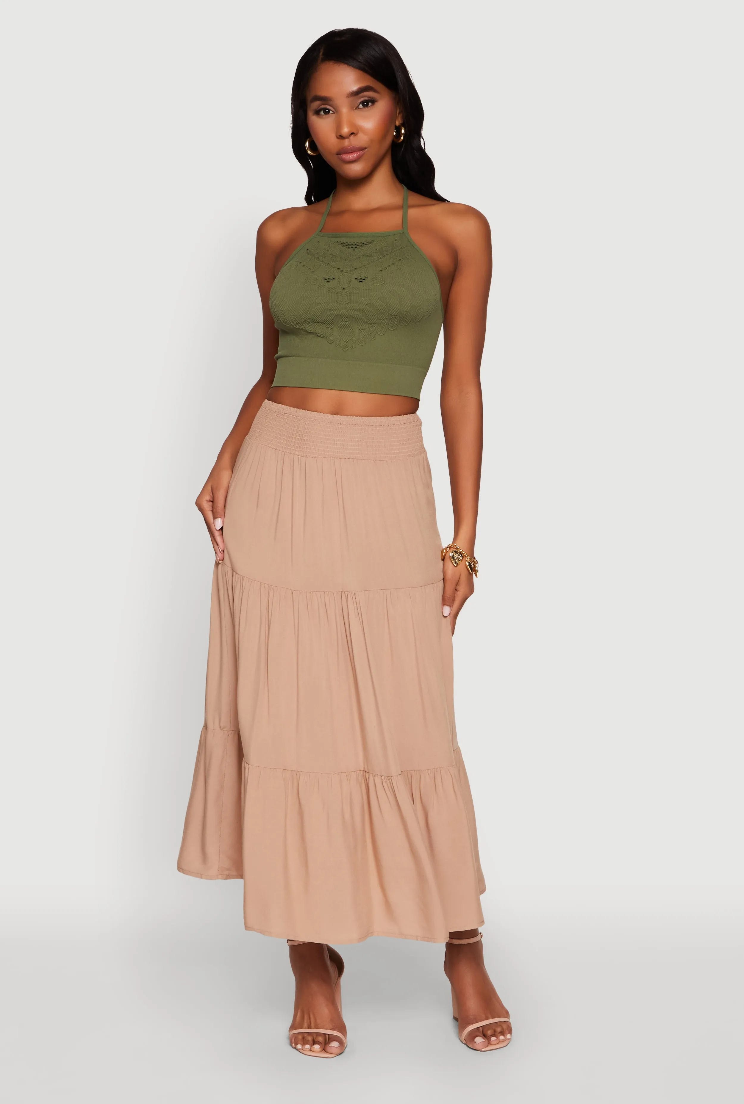 Flared hem Maximalist look Trendy Smocked High Waist Tiered Midi Skirt