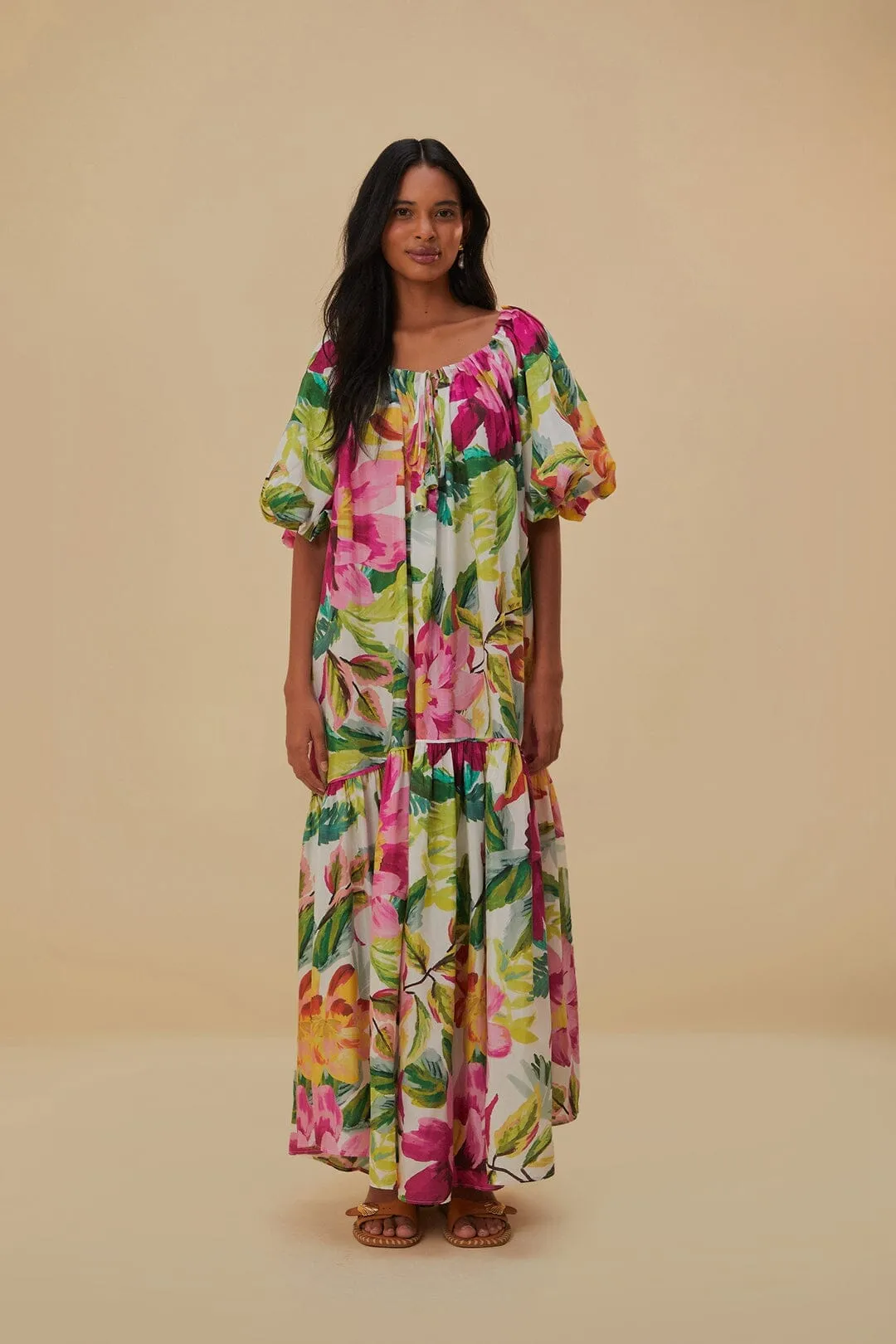 Moon Rise Global Soul Off-White Painted Flowers Maxi Dress