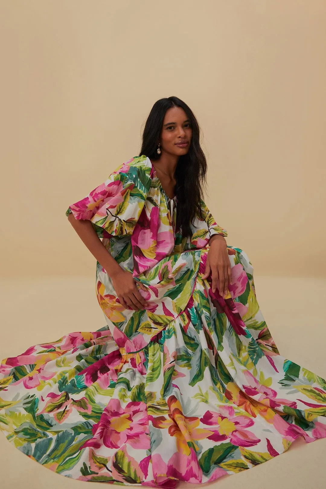 Off-White Painted Flowers Maxi Dress Blue Sky Ivory Glow