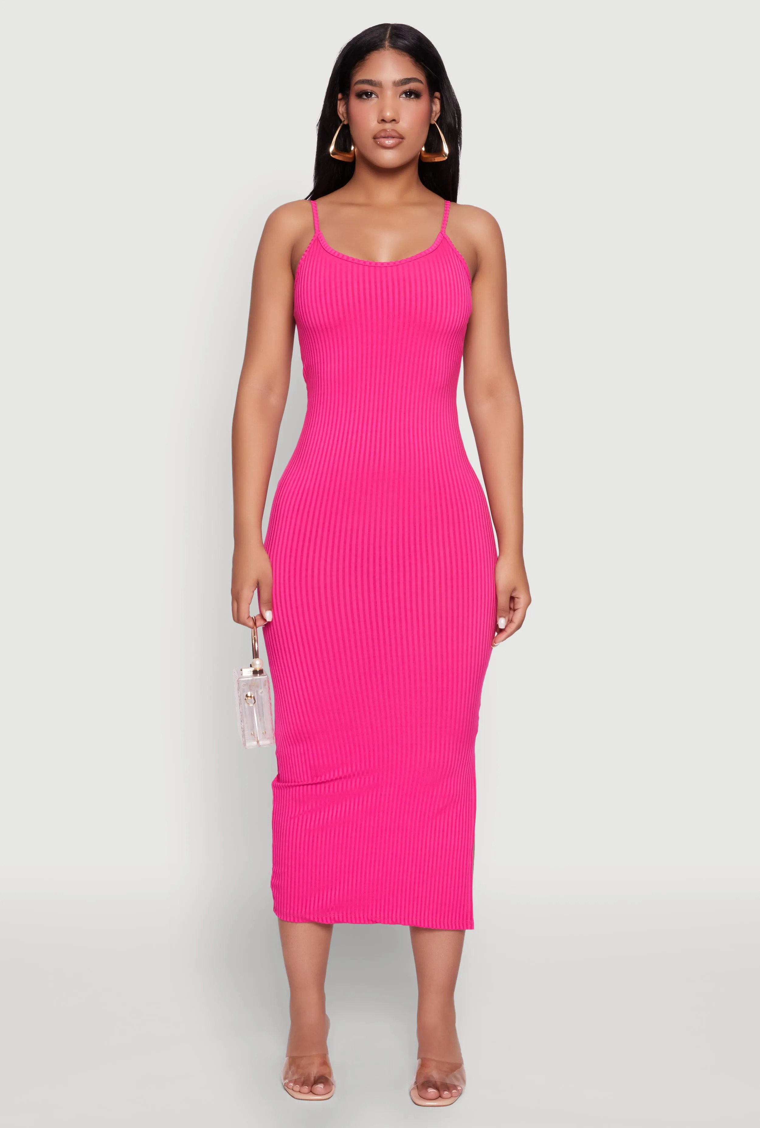This maxi dress combines classic style with modern comfort for a timeless look With its timeless design this dress is perfect for any season and any setting Ribbed Knit Side Slit Cami Maxi Dress