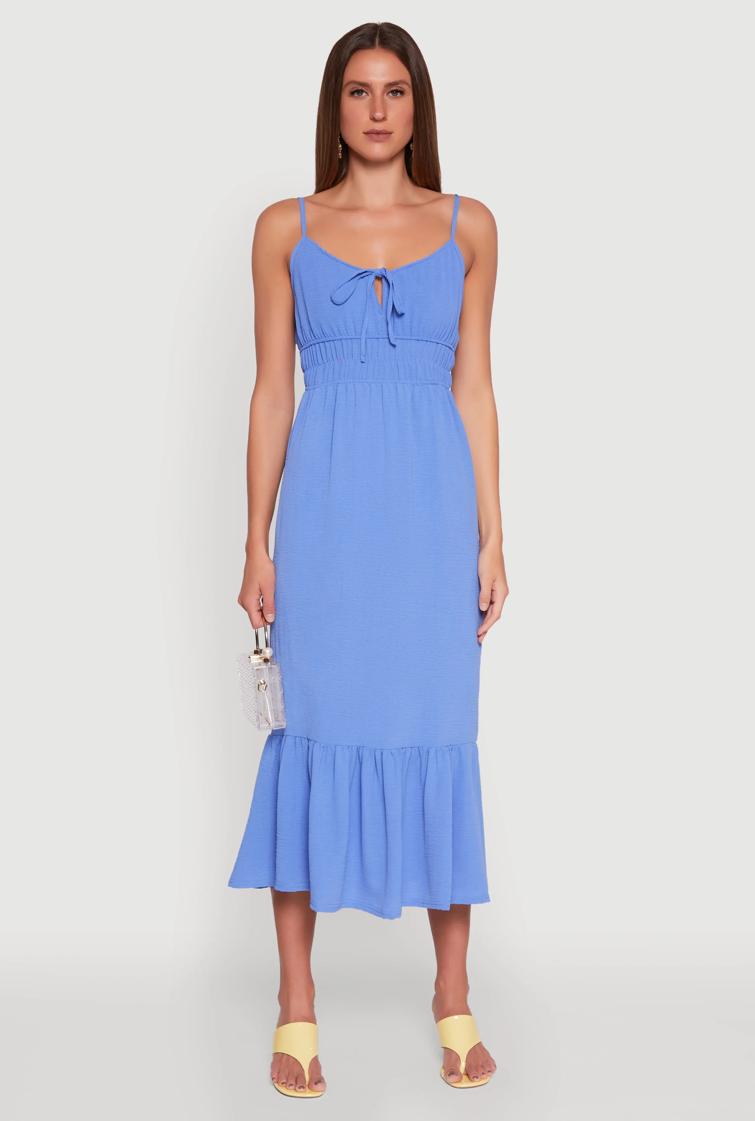 Metro View Tie Front Keyhole Flounce Hem Maxi Dress