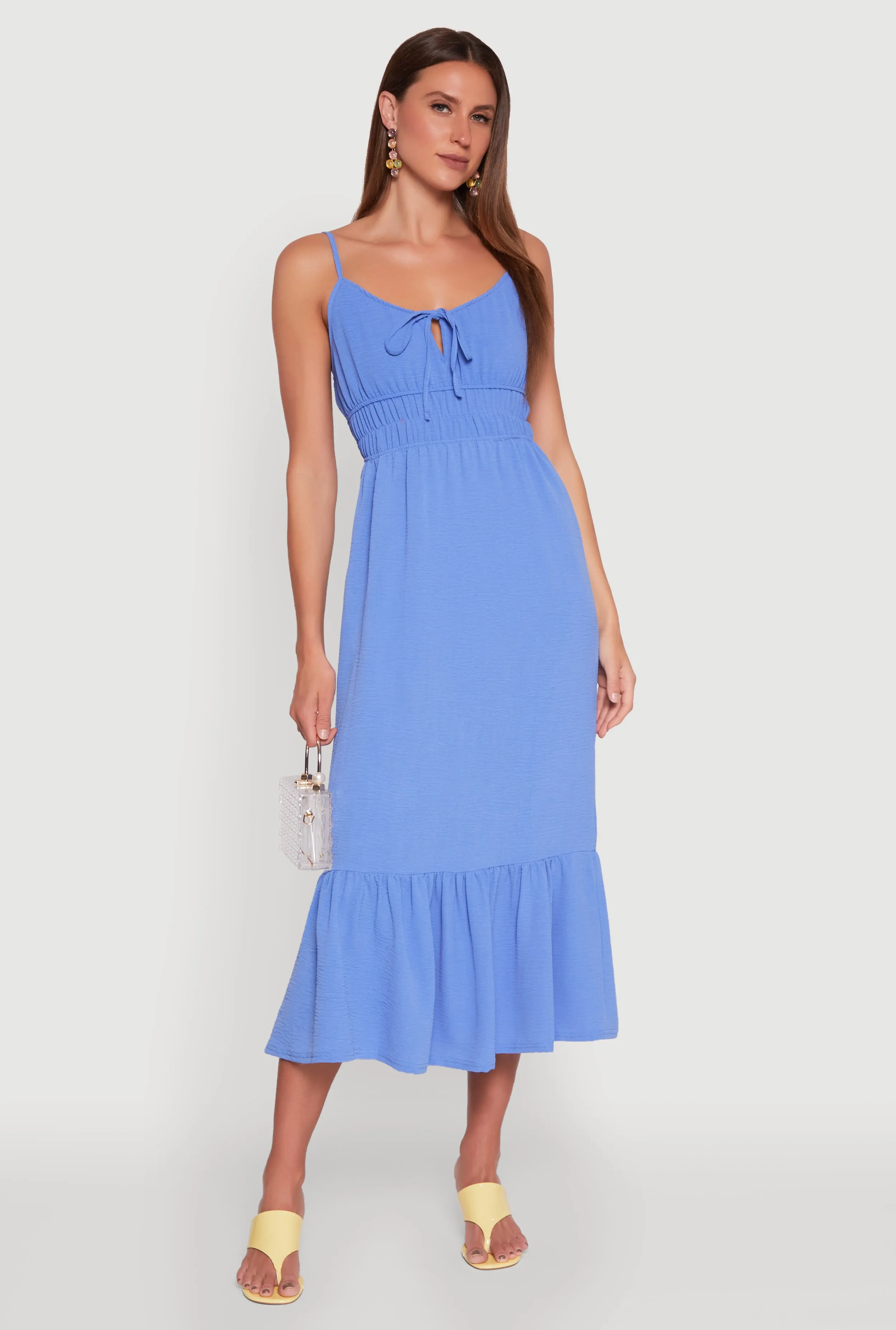 Wave Crest Tie Front Keyhole Flounce Hem Maxi Dress