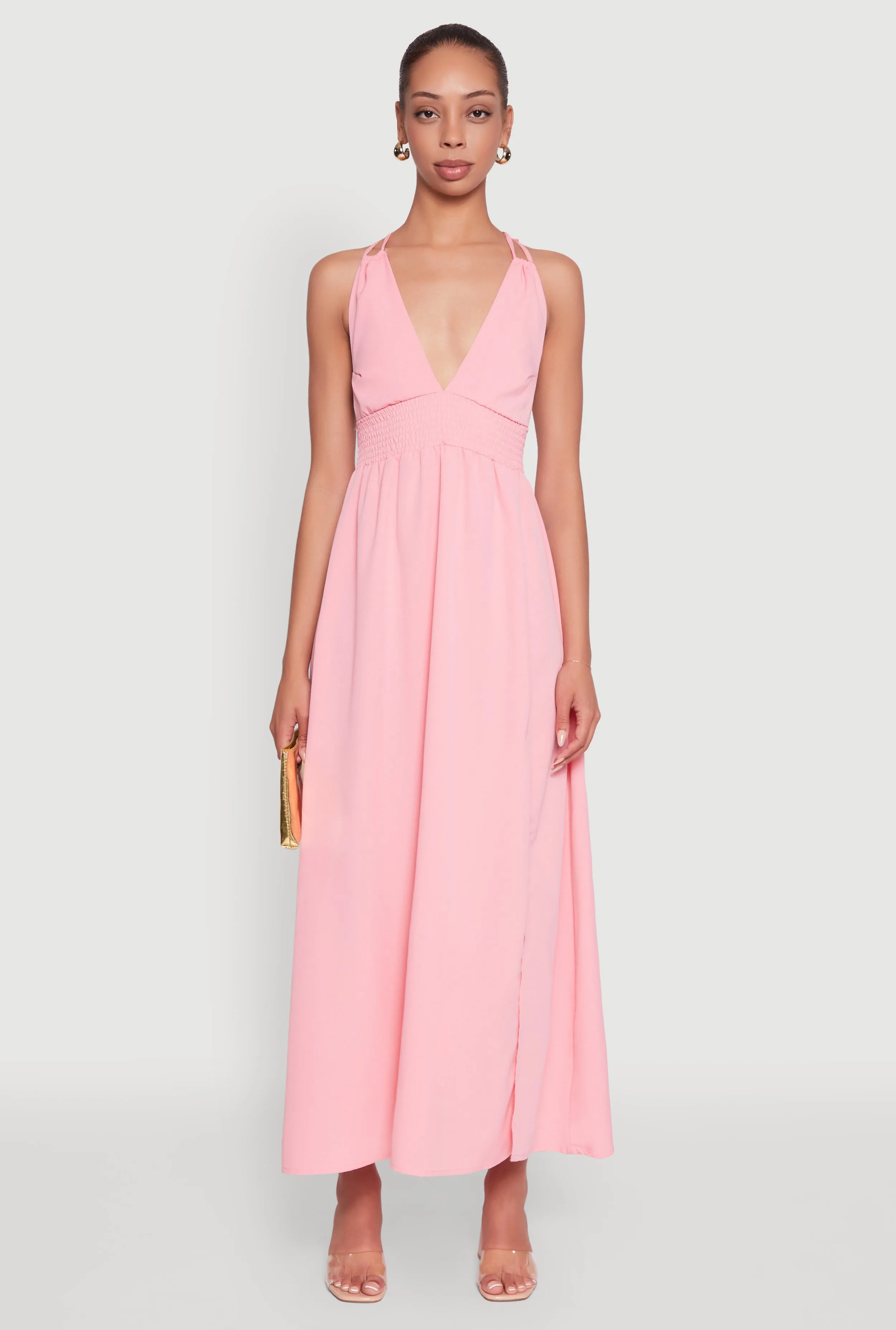 Long Sleeve Trendy Plunge Halter Tie Maxi Dress with Criss Cross Back Straps