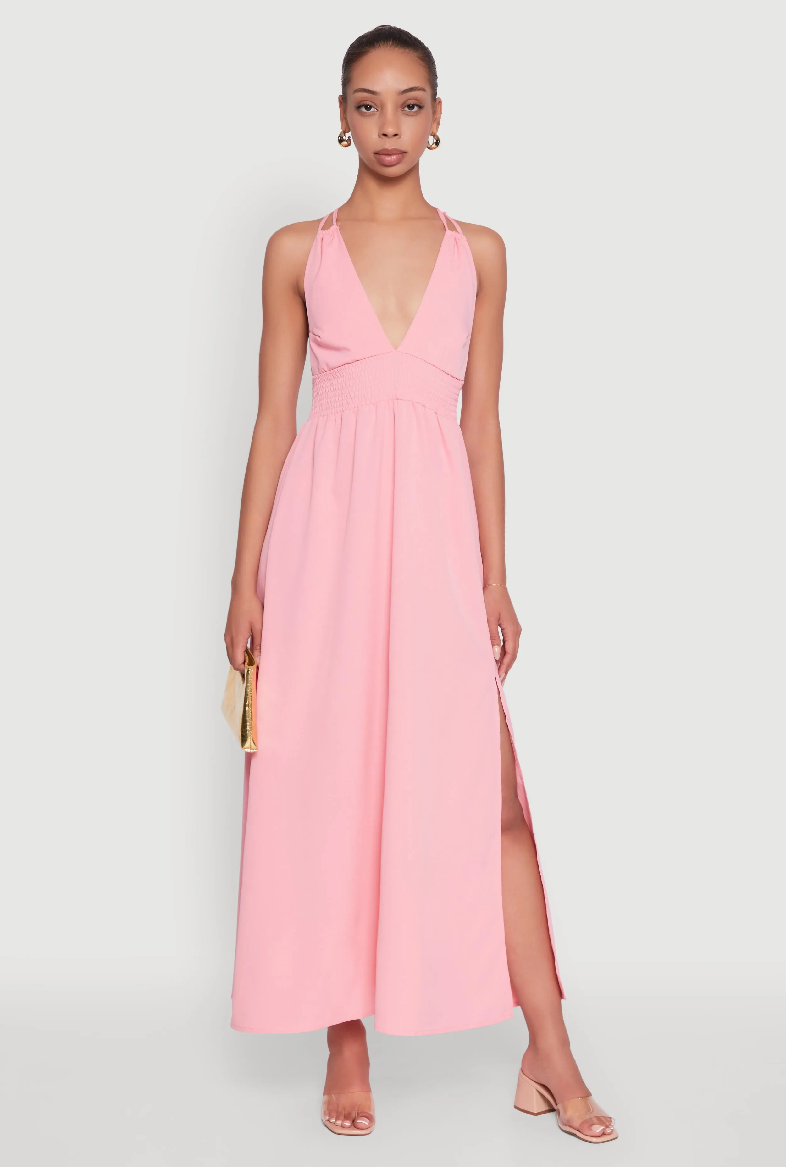 Sunset Peak Trendy Plunge Halter Tie Maxi Dress with Criss Cross Back Straps